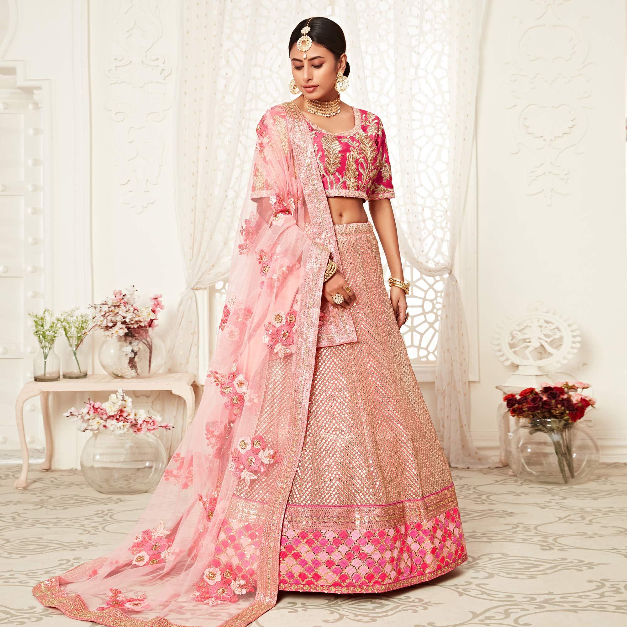 Pink Wedding Wear Floral Sequins Embroidered Soft Net Lehenga Choli - Peachmode