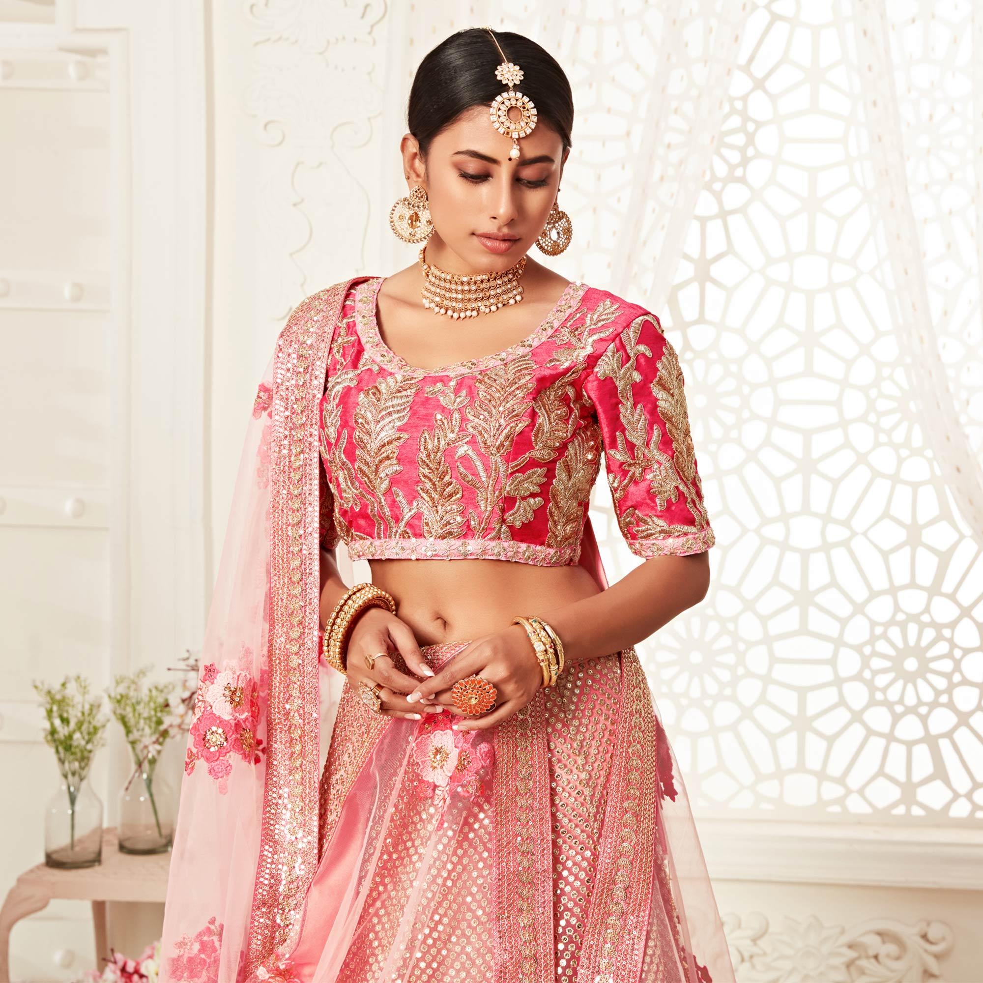 Pink Wedding Wear Floral Sequins Embroidered Soft Net Lehenga Choli - Peachmode