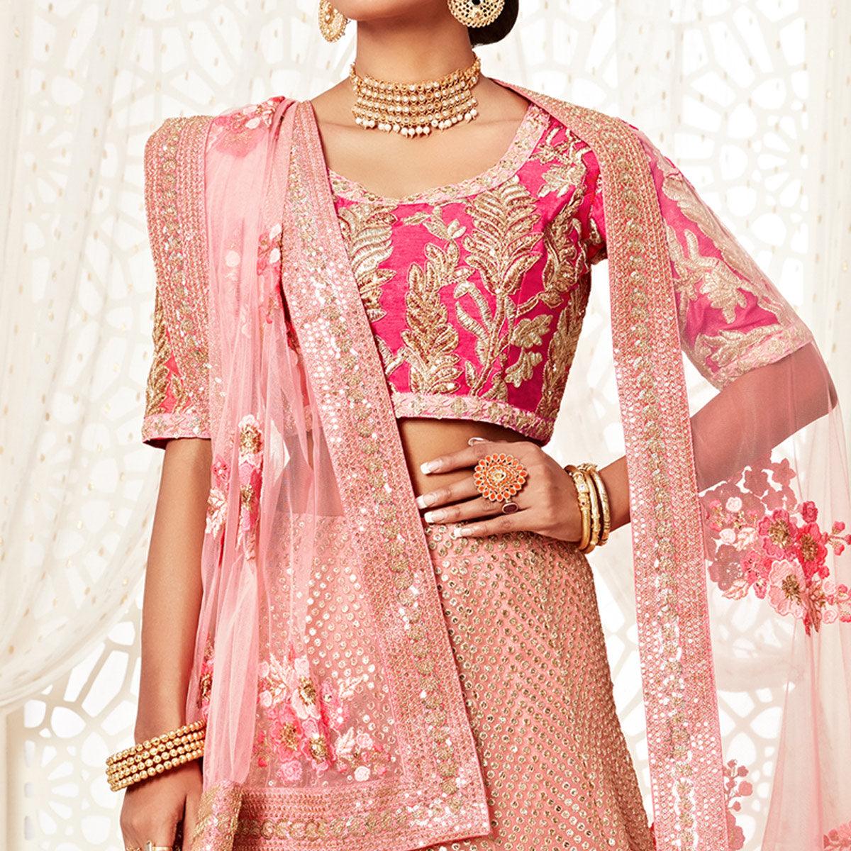 Pink Wedding Wear Floral Sequins Embroidered Soft Net Lehenga Choli - Peachmode