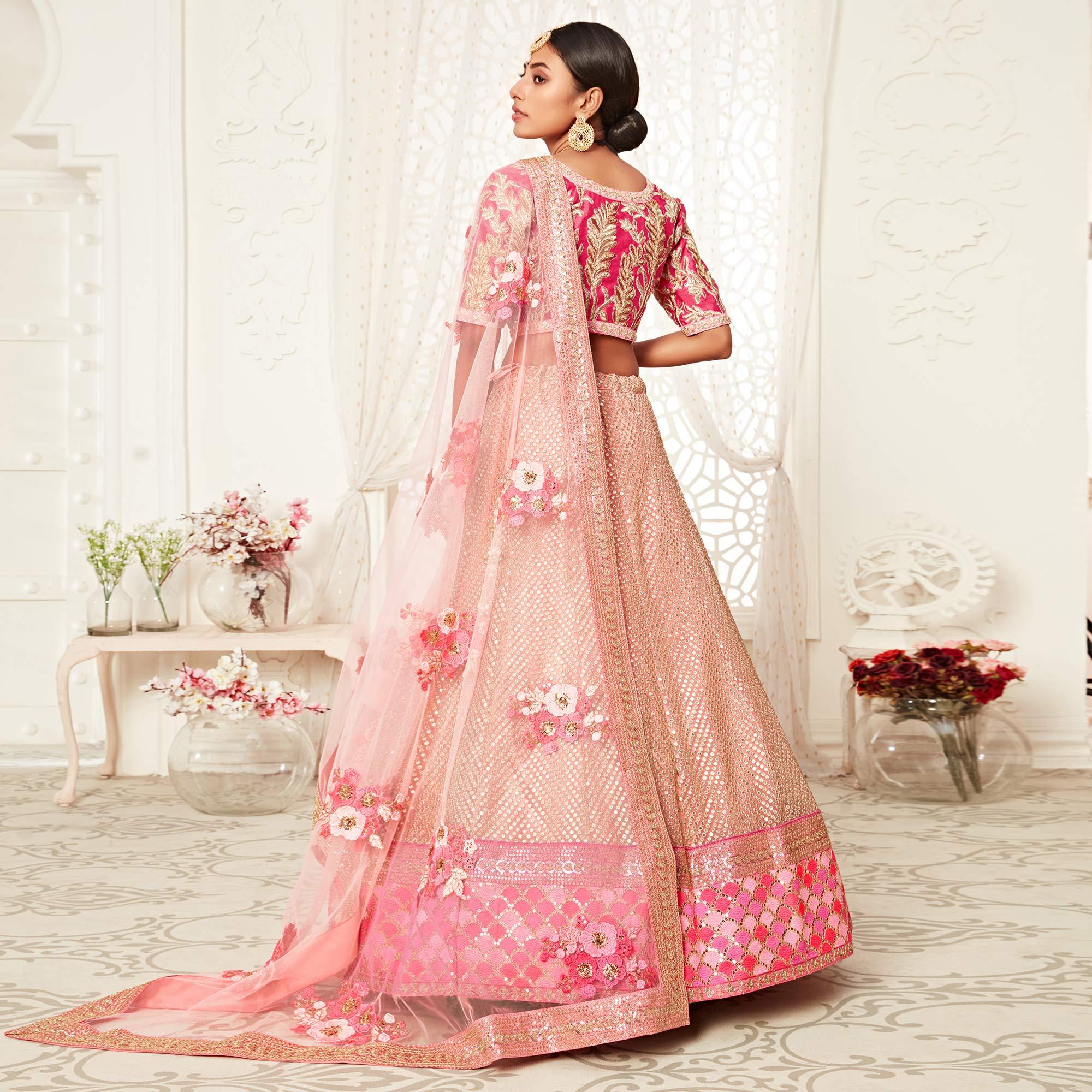 Pink Wedding Wear Floral Sequins Embroidered Soft Net Lehenga Choli - Peachmode