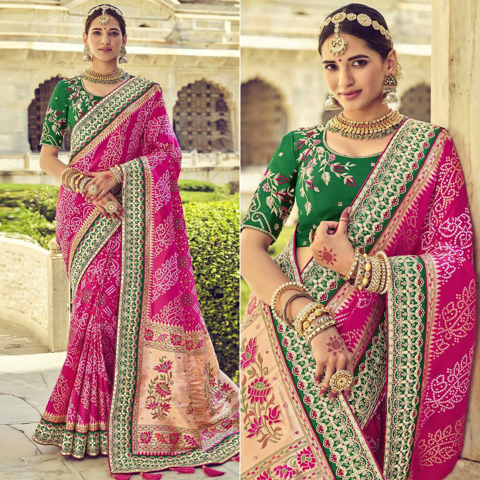 Pink Wedding Wear Resham With Embellished Silk Bhandhani Patola Saree - Peachmode