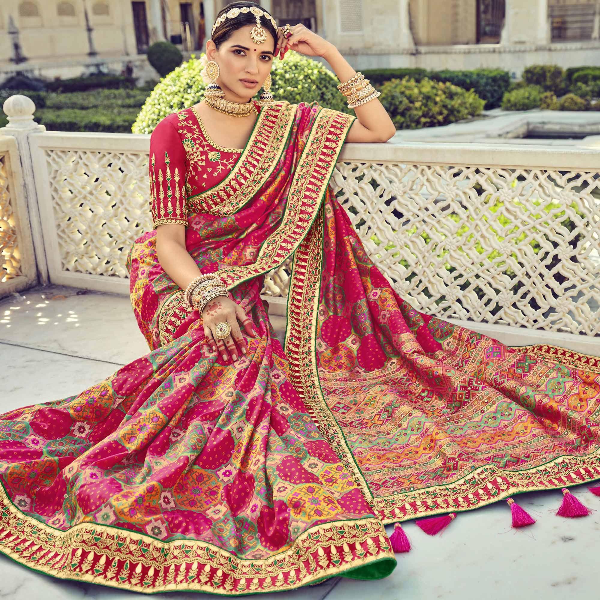 Pink Wedding Wear Resham With Embellished Silk Bhandhani Patola Saree - Peachmode