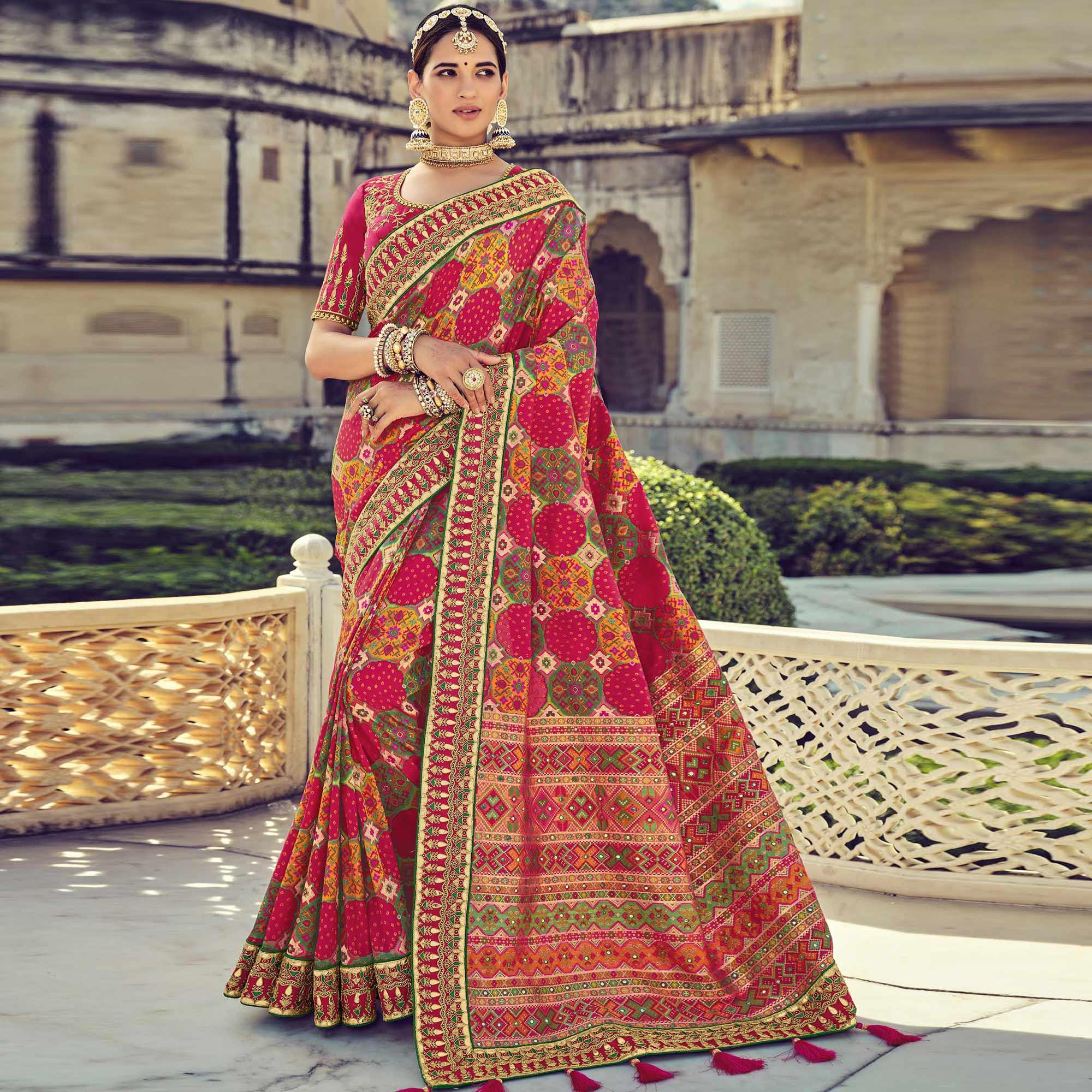 Pink Wedding Wear Resham With Embellished Silk Bhandhani Patola Saree - Peachmode