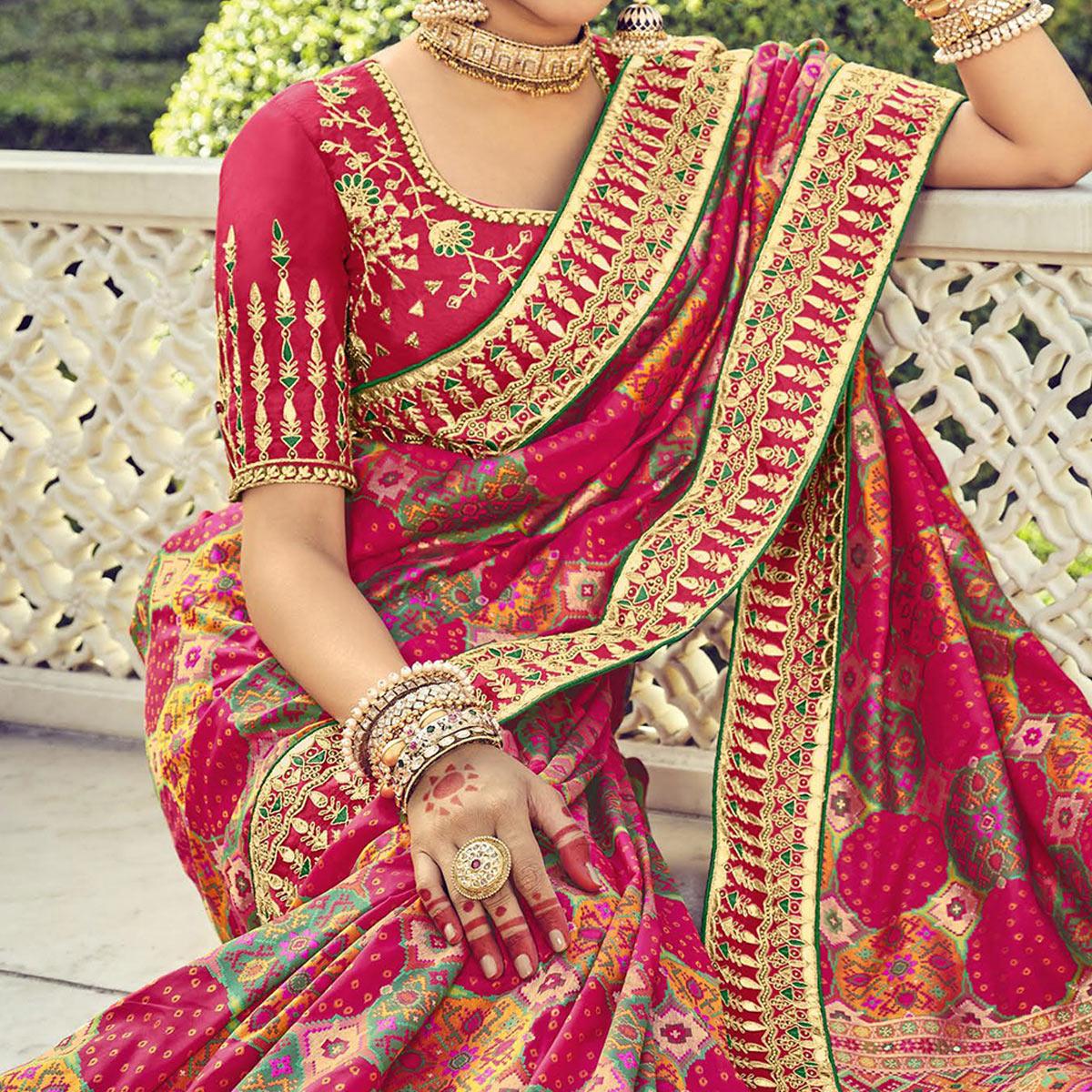 Pink Wedding Wear Resham With Embellished Silk Bhandhani Patola Saree - Peachmode