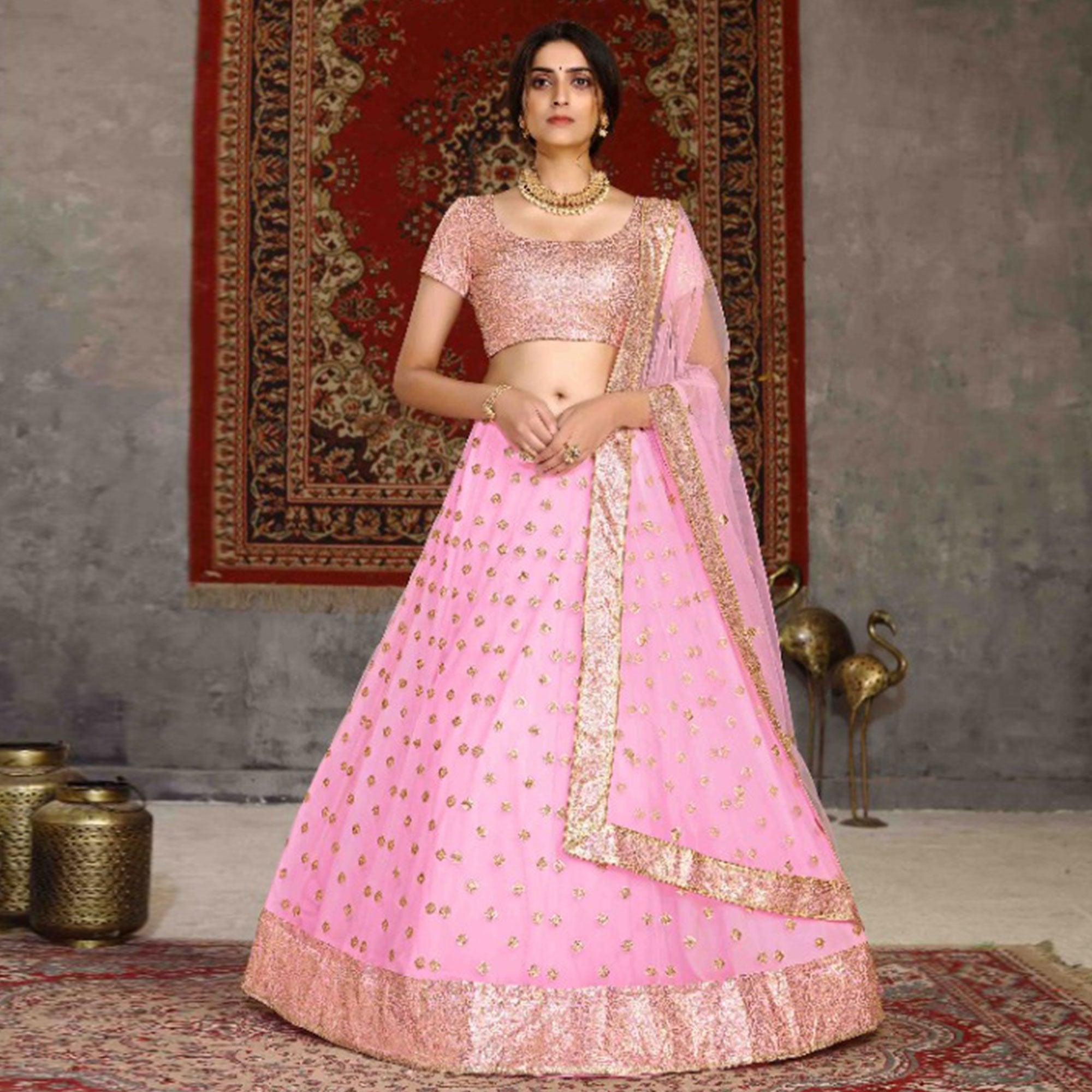 Pink Wedding Wear Sequence Embroidered Net Lehenga Choli - Peachmode