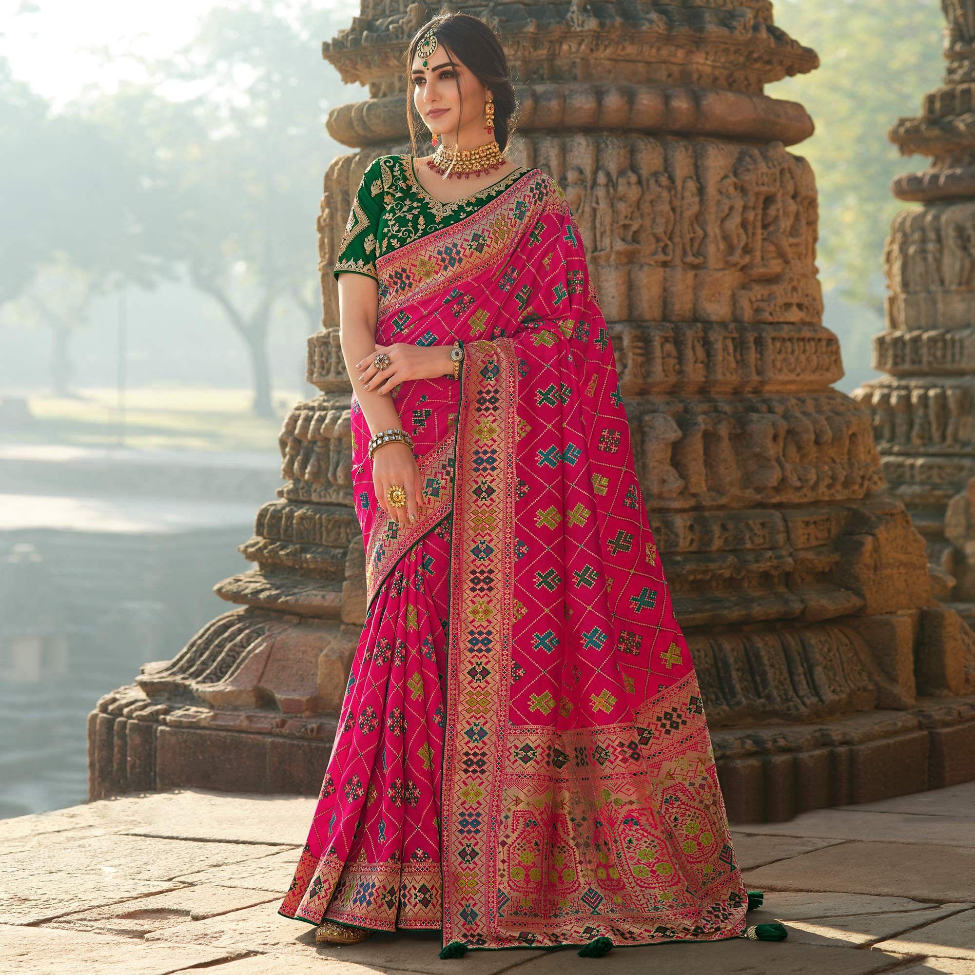 Pink Wedding Wear Woven Silk Saree With Tassels - Peachmode