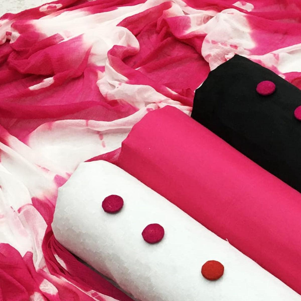 Pink - White - Black Printed Double Top Cotton Dress Material - Peachmode