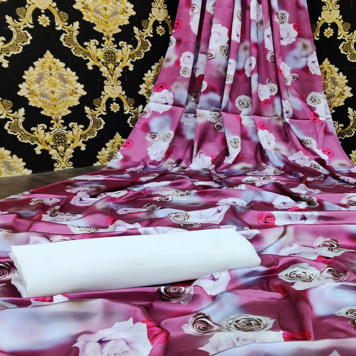 Pink White Casual Wear Floral Digital Printed Satin Saree - Peachmode