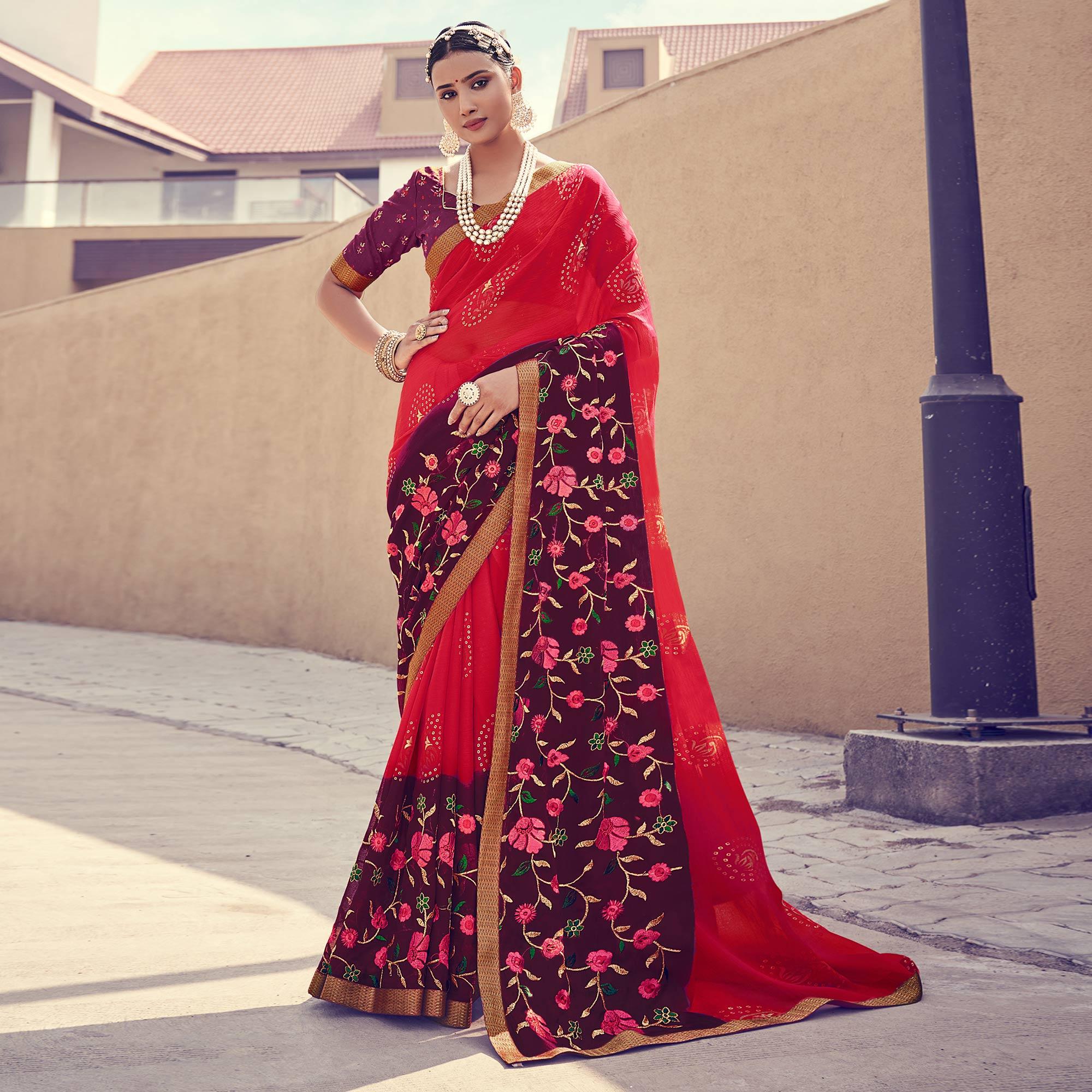 Pink - Wine Floral Embroidered With Foil Printed Chiffon Half & Half Saree - Peachmode