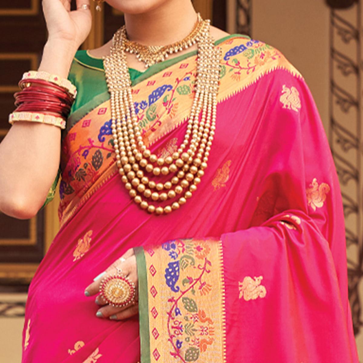 Pink Woven Art Silk Paithani Saree With Tassels - Peachmode