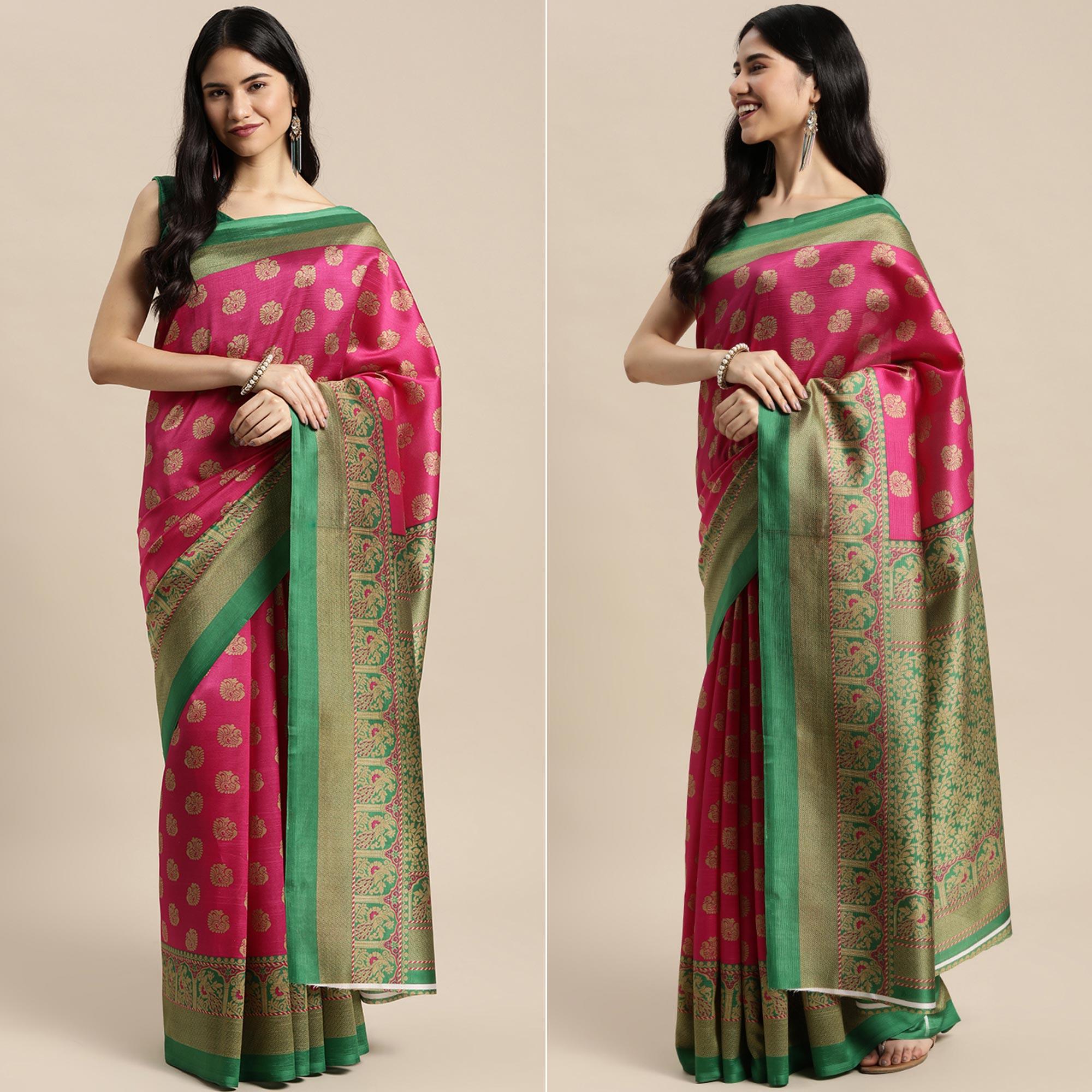 Pink Woven Art Silk Saree - Peachmode