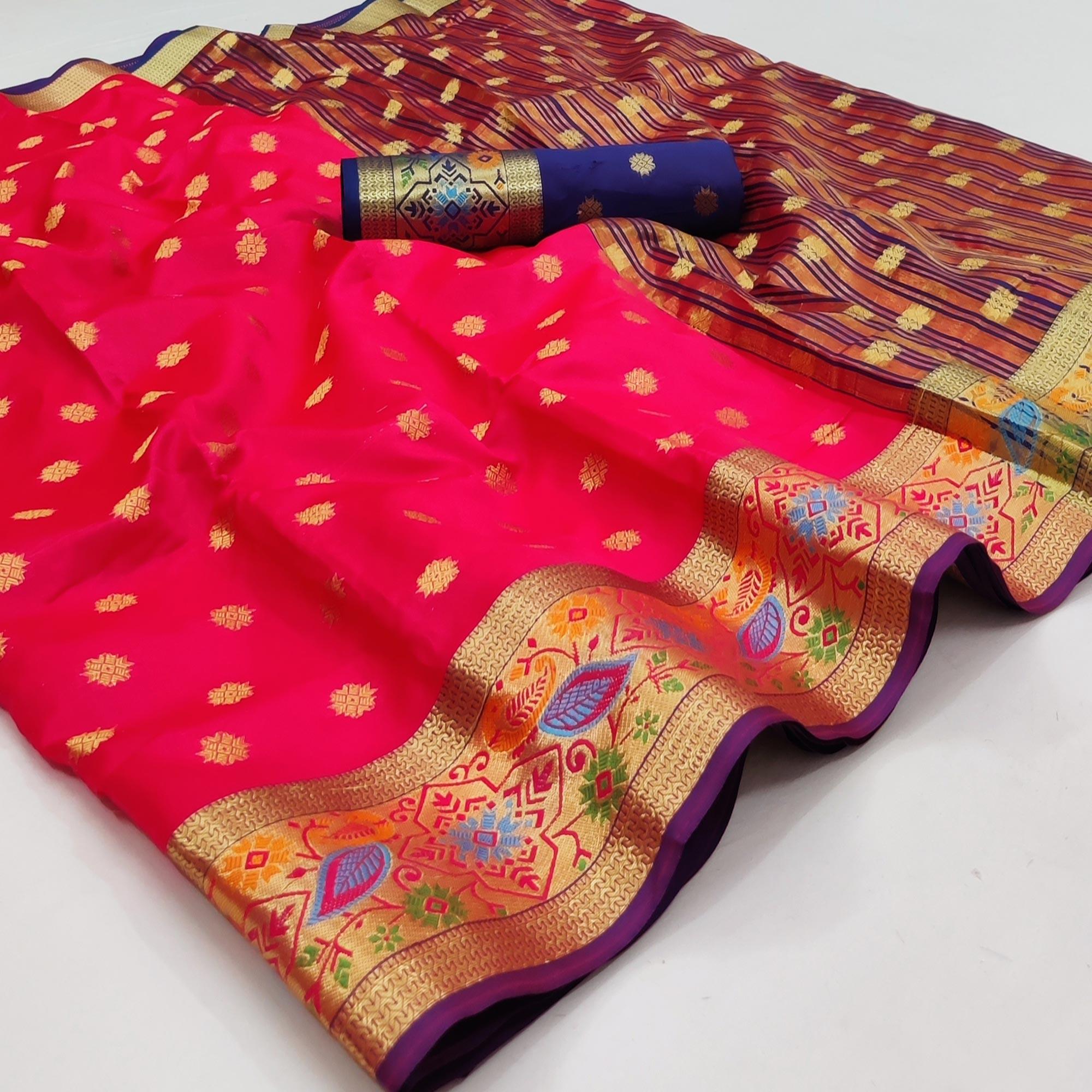 Pink Woven Art Silk Saree - Peachmode