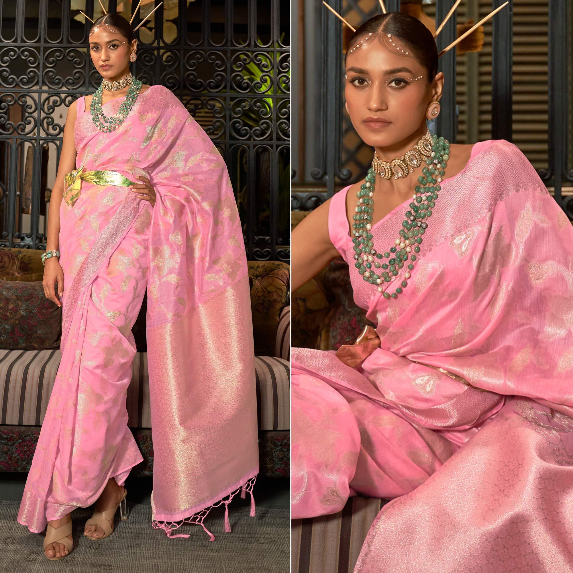 Pink Woven Art Silk Saree - Peachmode