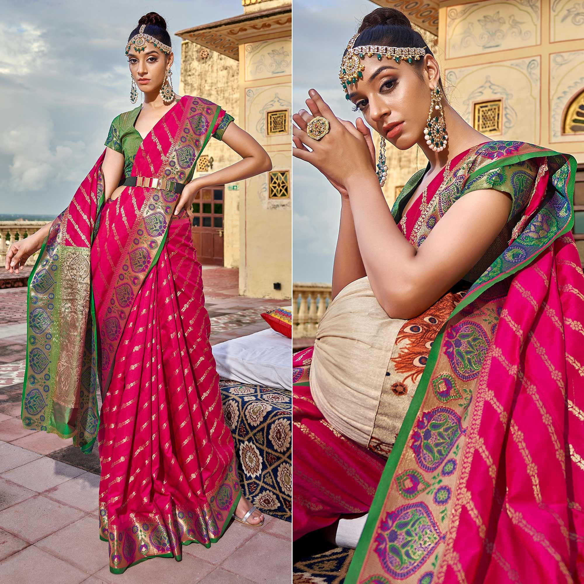 Pink Woven Art Silk Saree - Peachmode