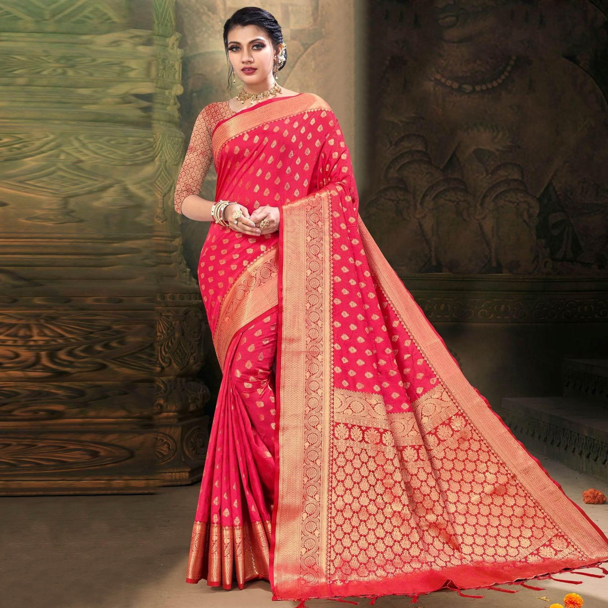 Pink Woven Art Silk Saree - Peachmode