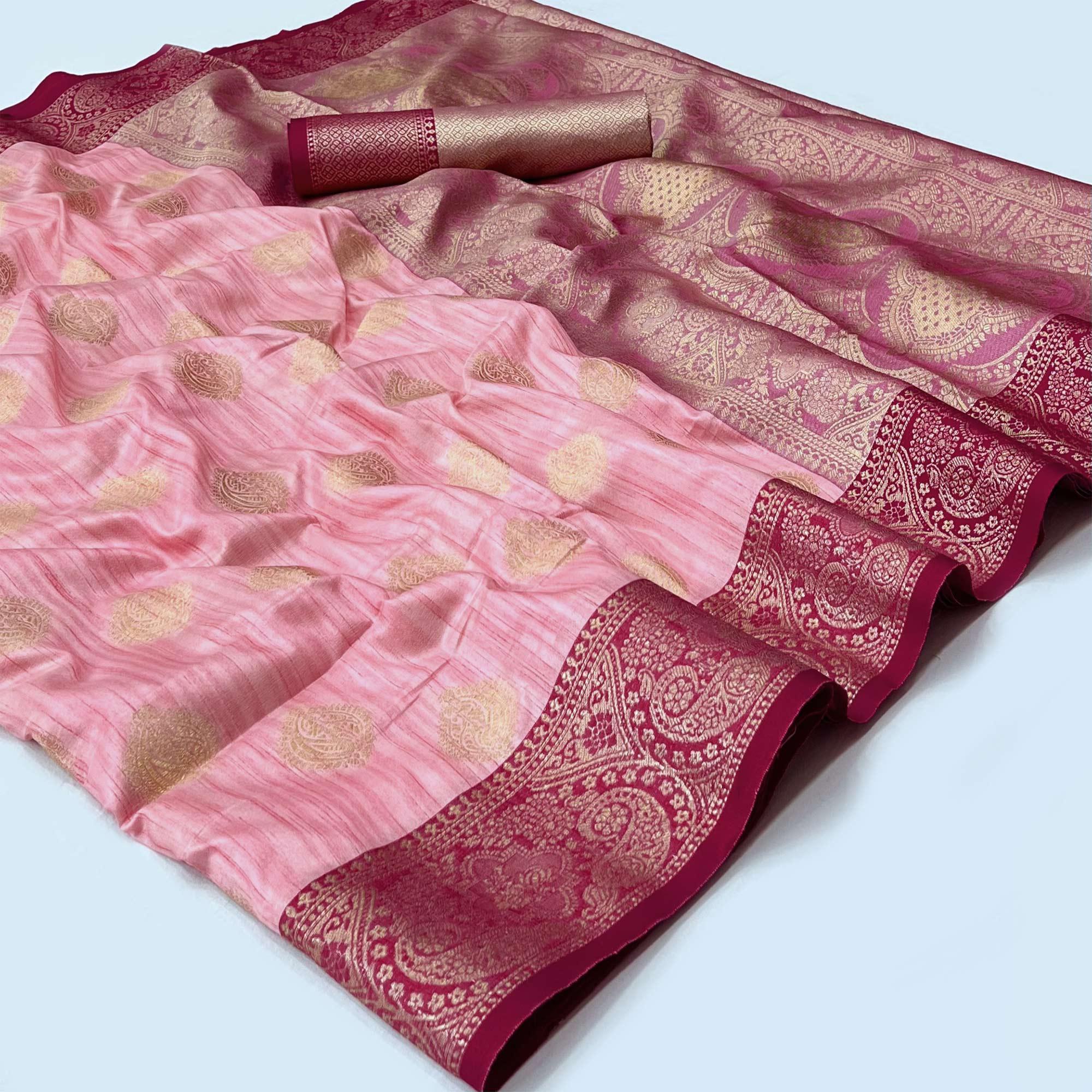 Pink Woven Art Silk Saree - Peachmode