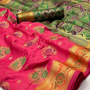 Pink Woven Art Silk Saree - Peachmode