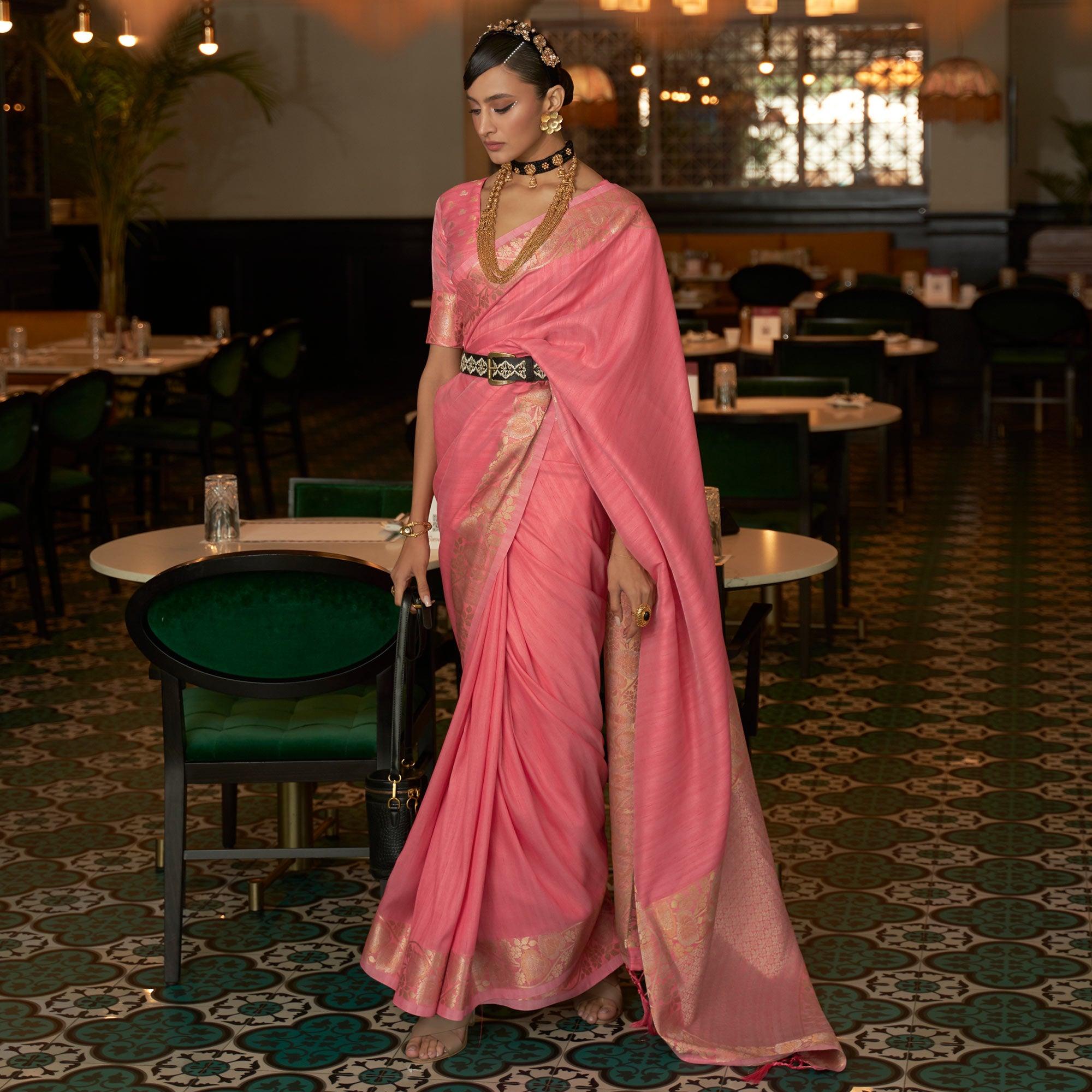 Pink Woven Art Silk Saree - Peachmode