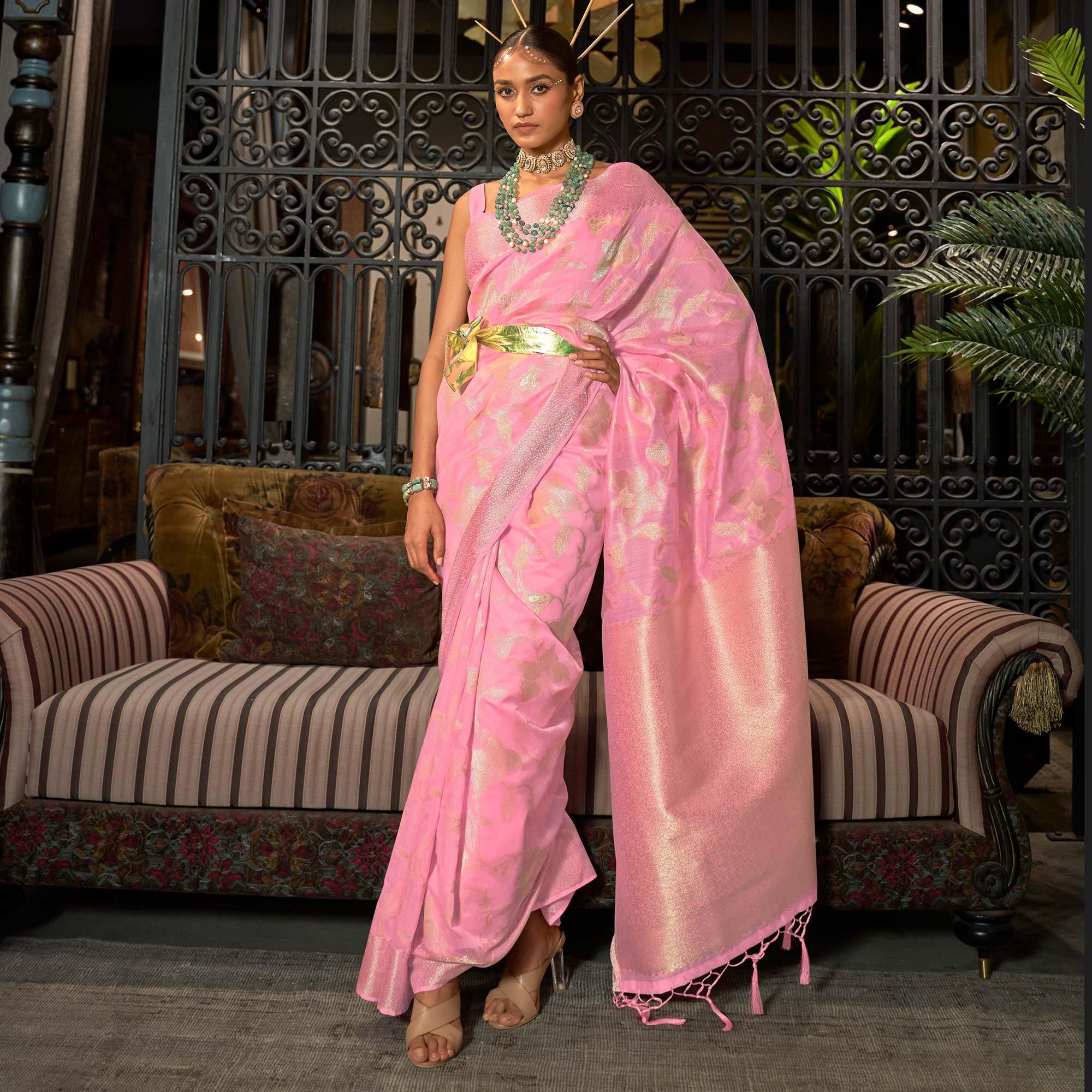 Pink Woven Art Silk Saree - Peachmode