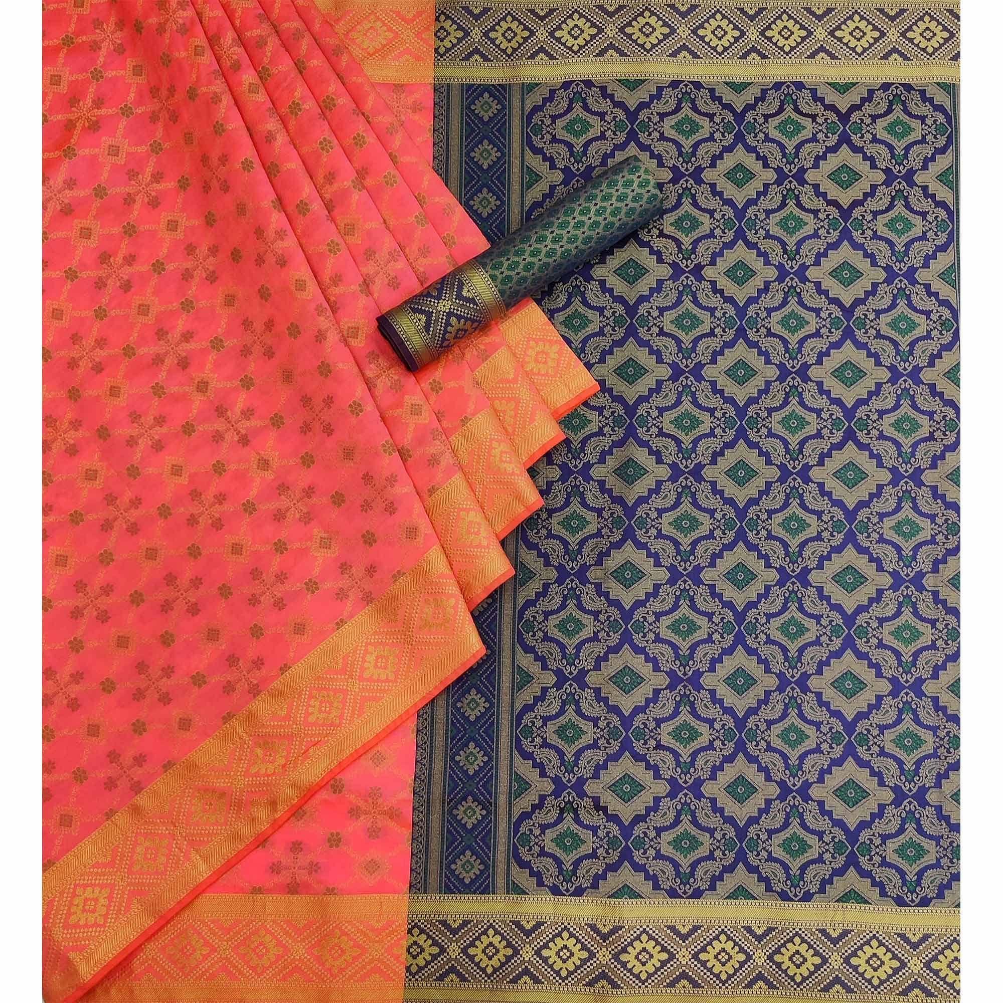 Pink Woven Art Silk Saree - Peachmode