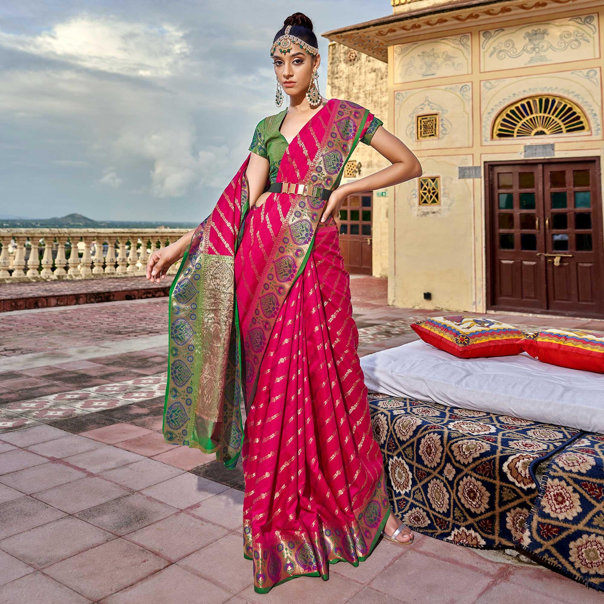 Pink Woven Art Silk Saree - Peachmode