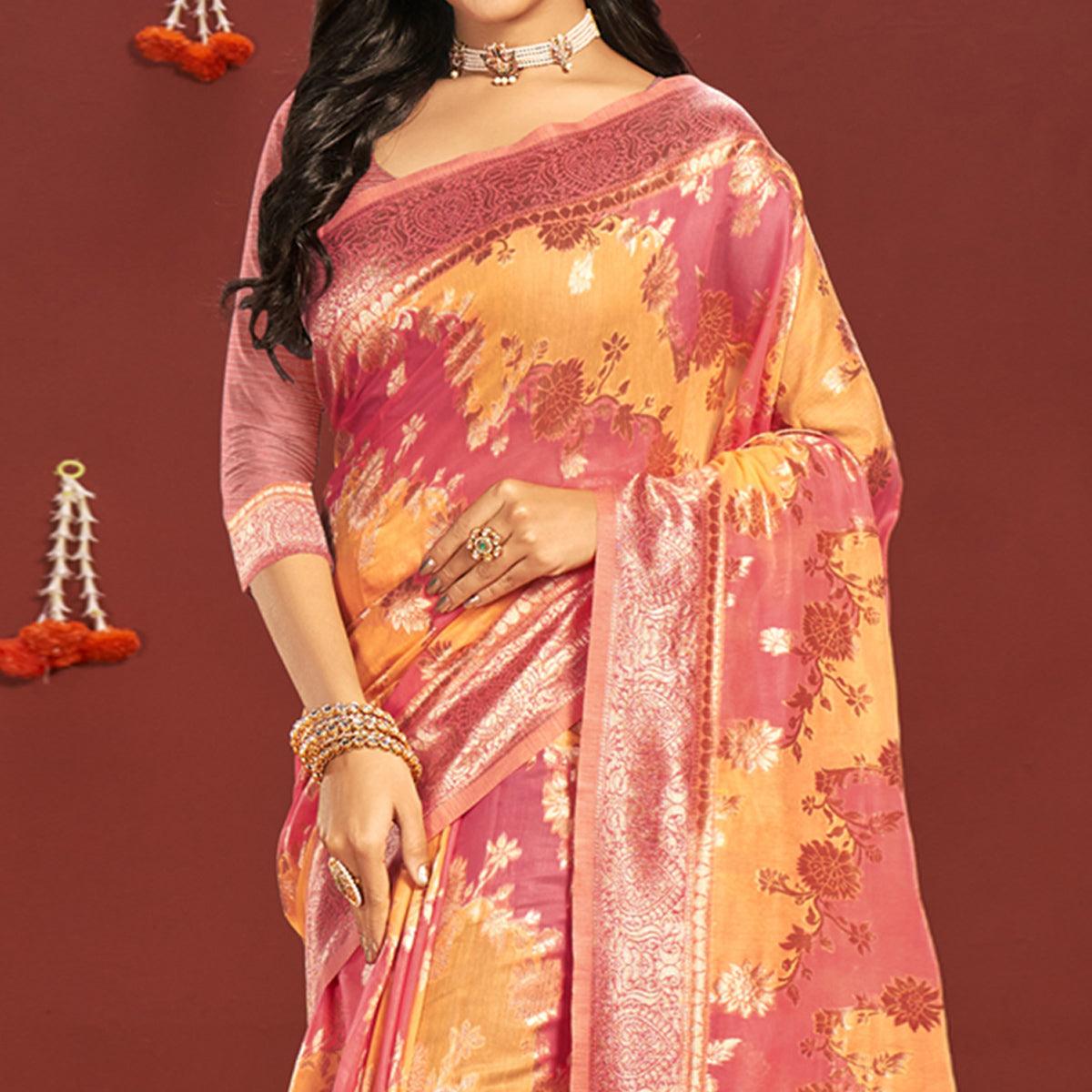 Pink Woven Art Silk Saree - Peachmode