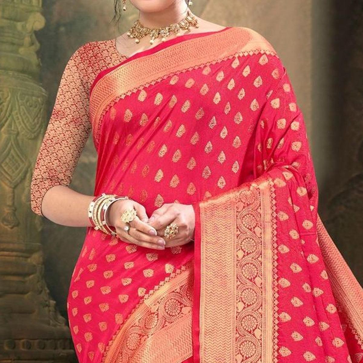 Pink Woven Art Silk Saree - Peachmode