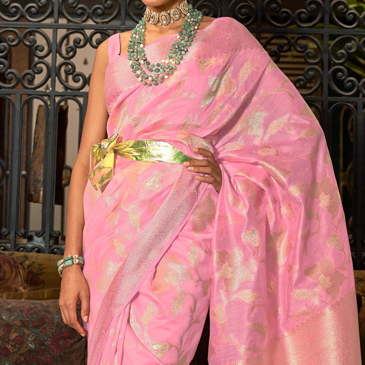 Pink Woven Art Silk Saree - Peachmode