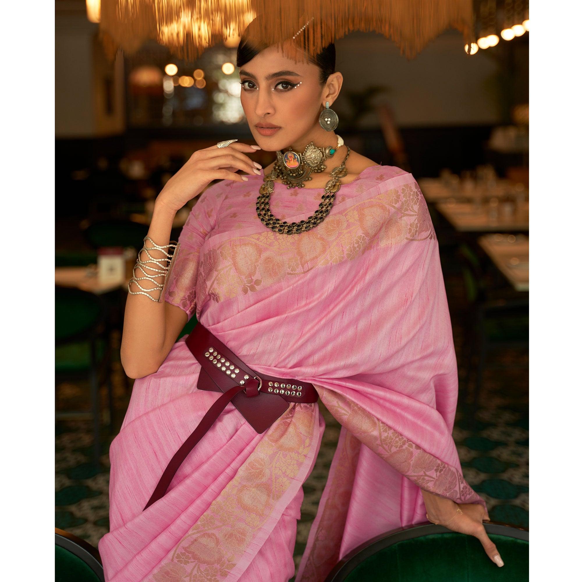 Pink Woven Art Silk Saree - Peachmode