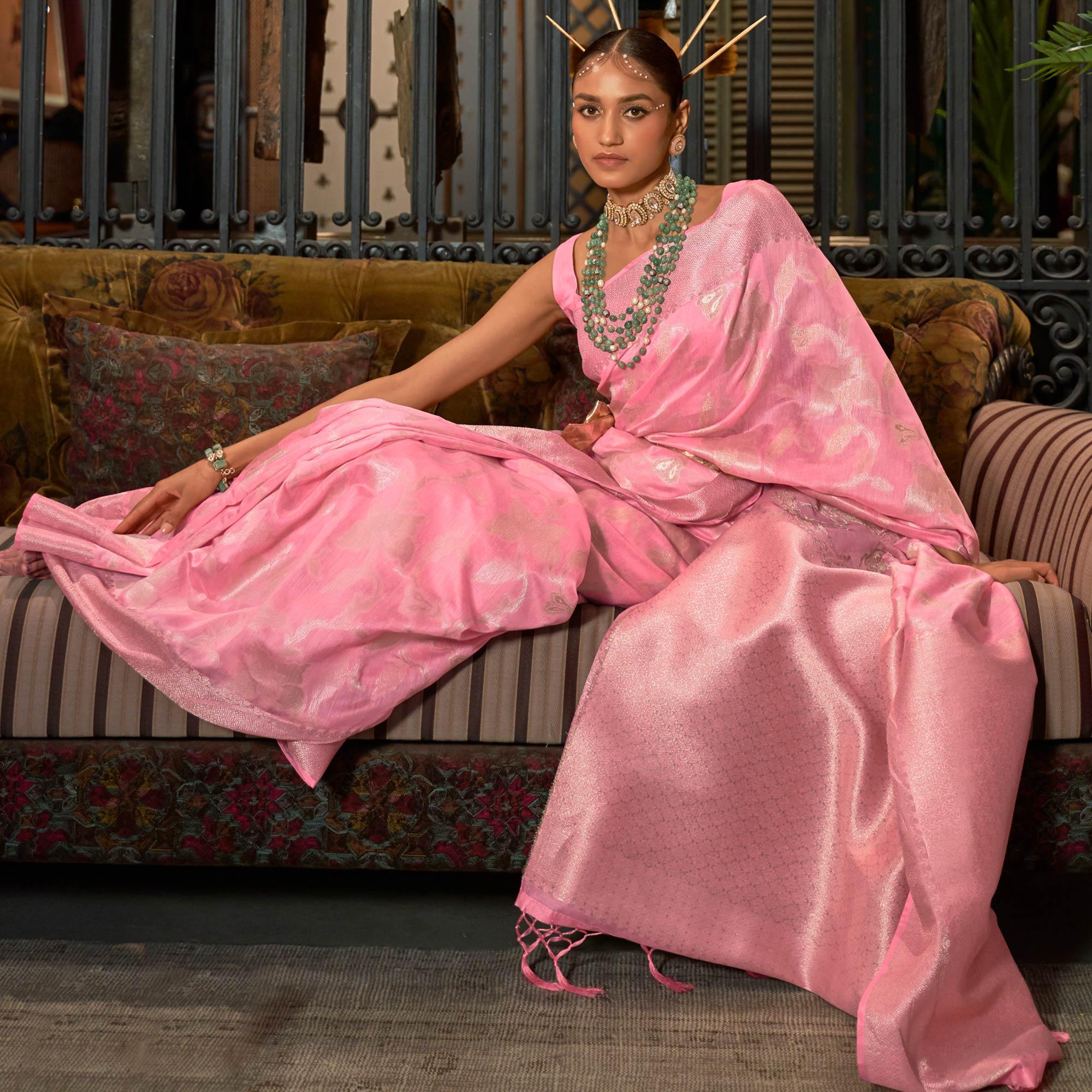 Pink Woven Art Silk Saree - Peachmode