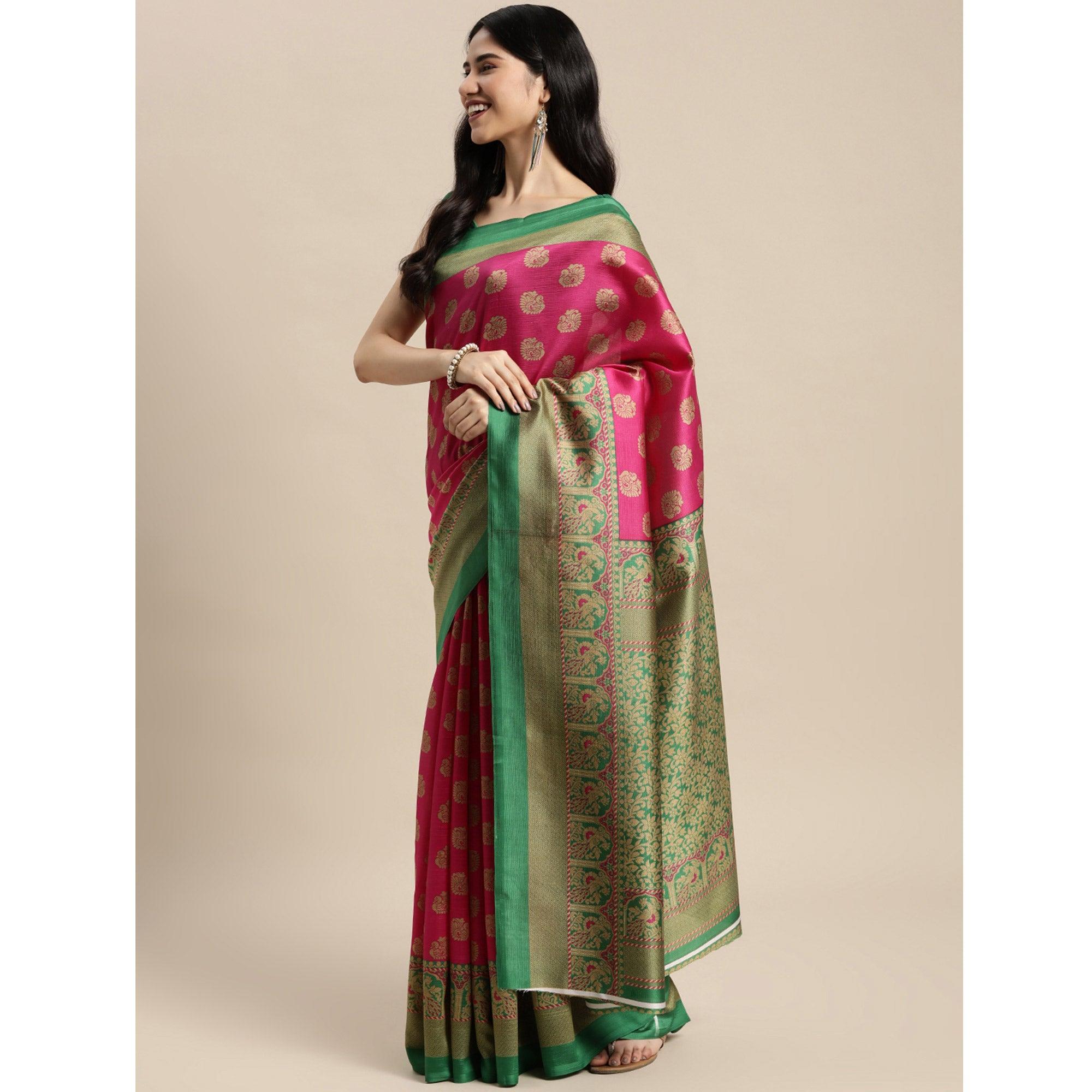 Pink Woven Art Silk Saree - Peachmode