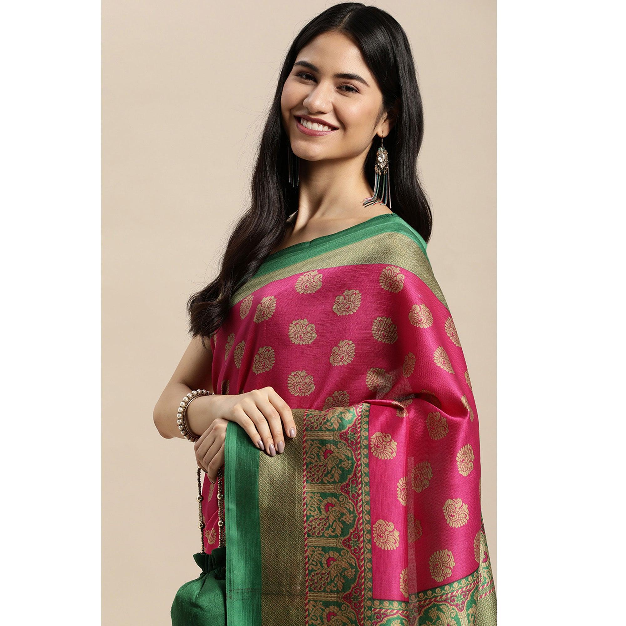 Pink Woven Art Silk Saree - Peachmode