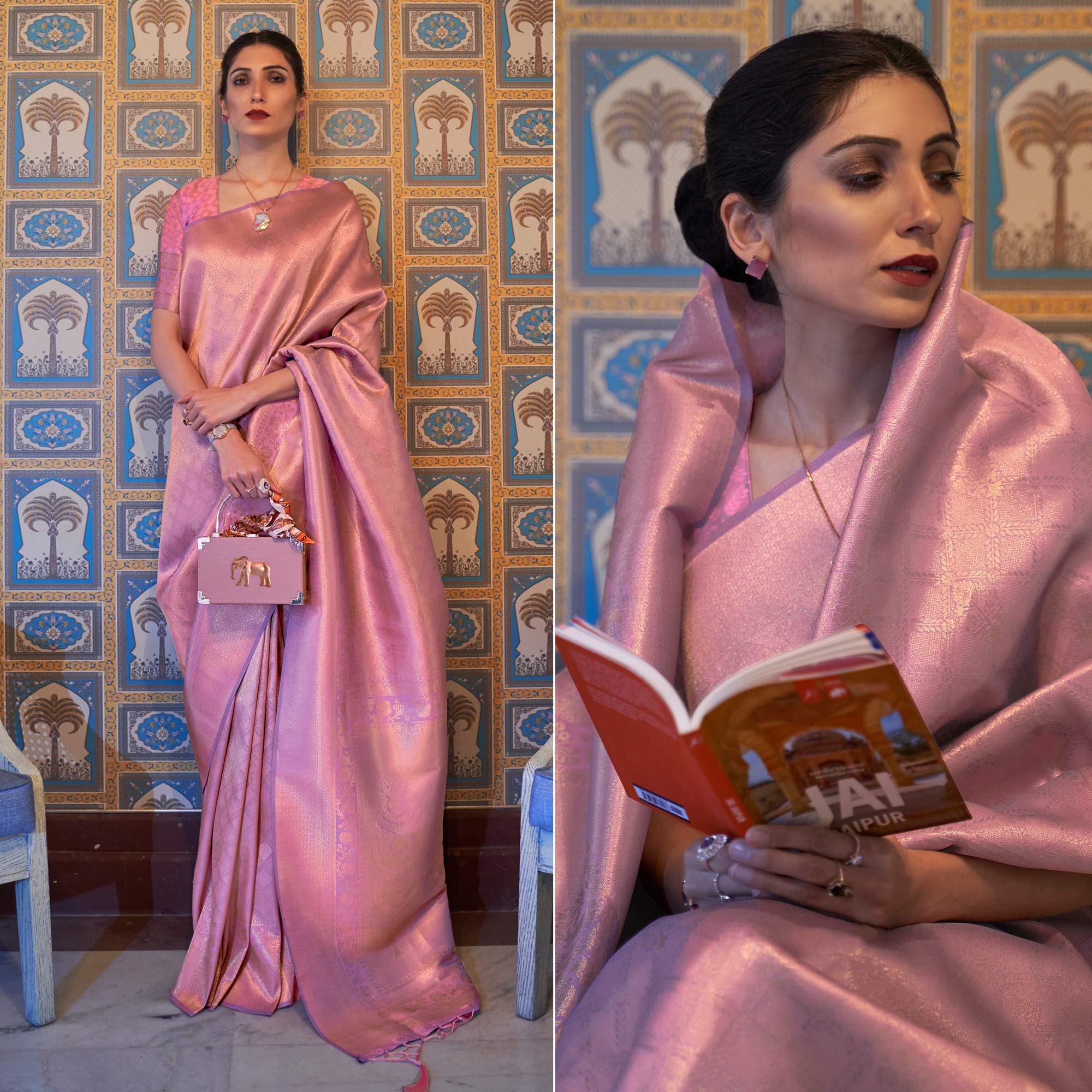 Pink Woven Art Silk Saree With Tassels - Peachmode
