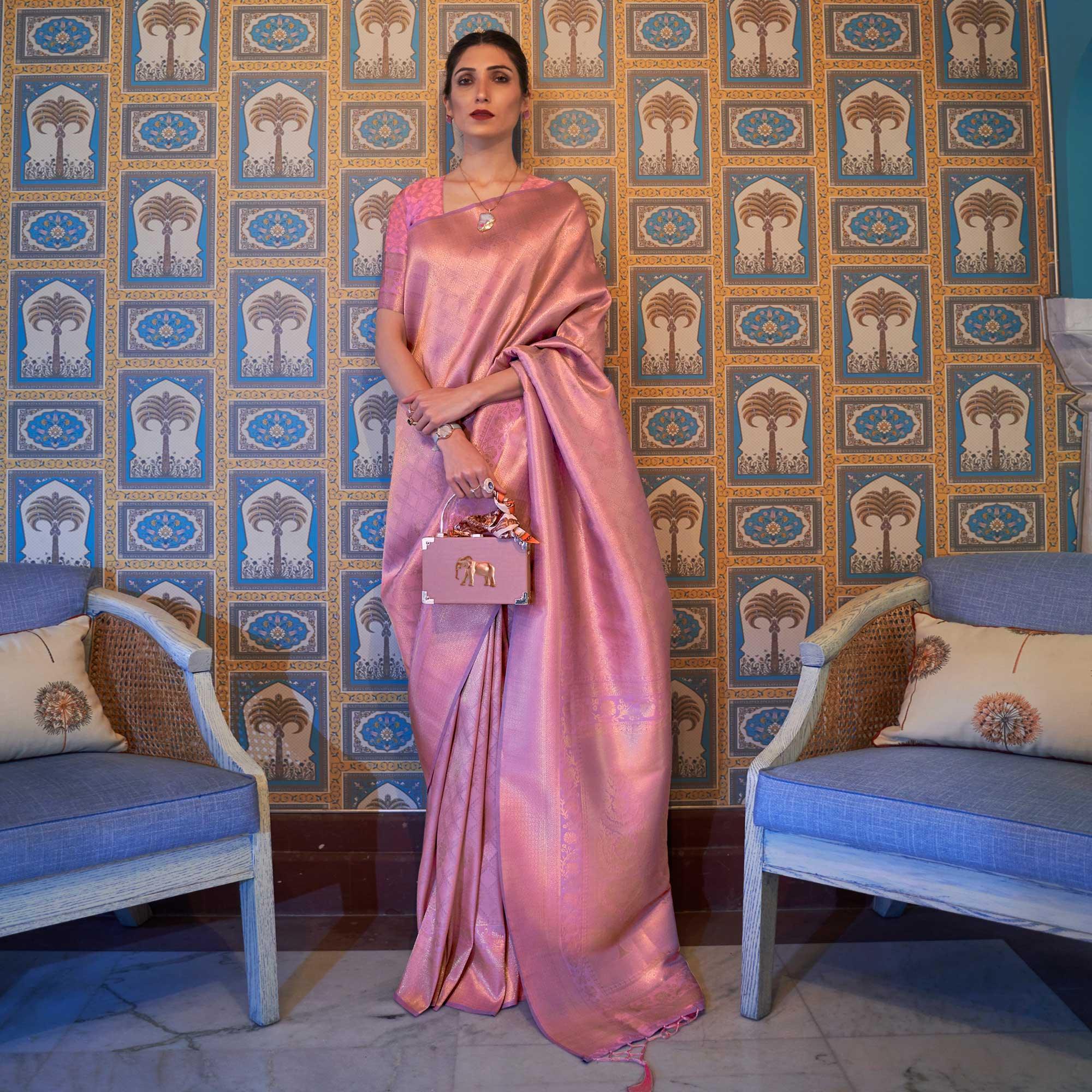 Pink Woven Art Silk Saree With Tassels - Peachmode