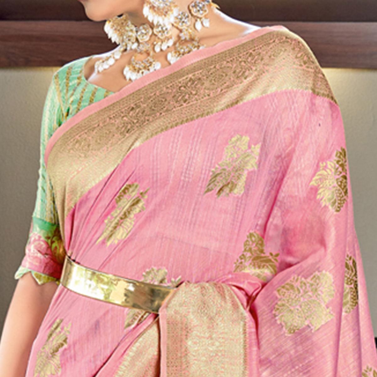 Pink Woven Art Silk Saree With Tassels - Peachmode