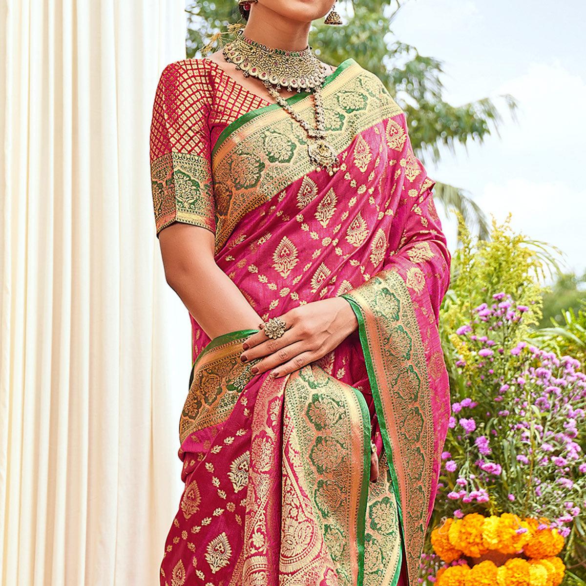 Pink Woven Art Silk Saree With Tassels - Peachmode