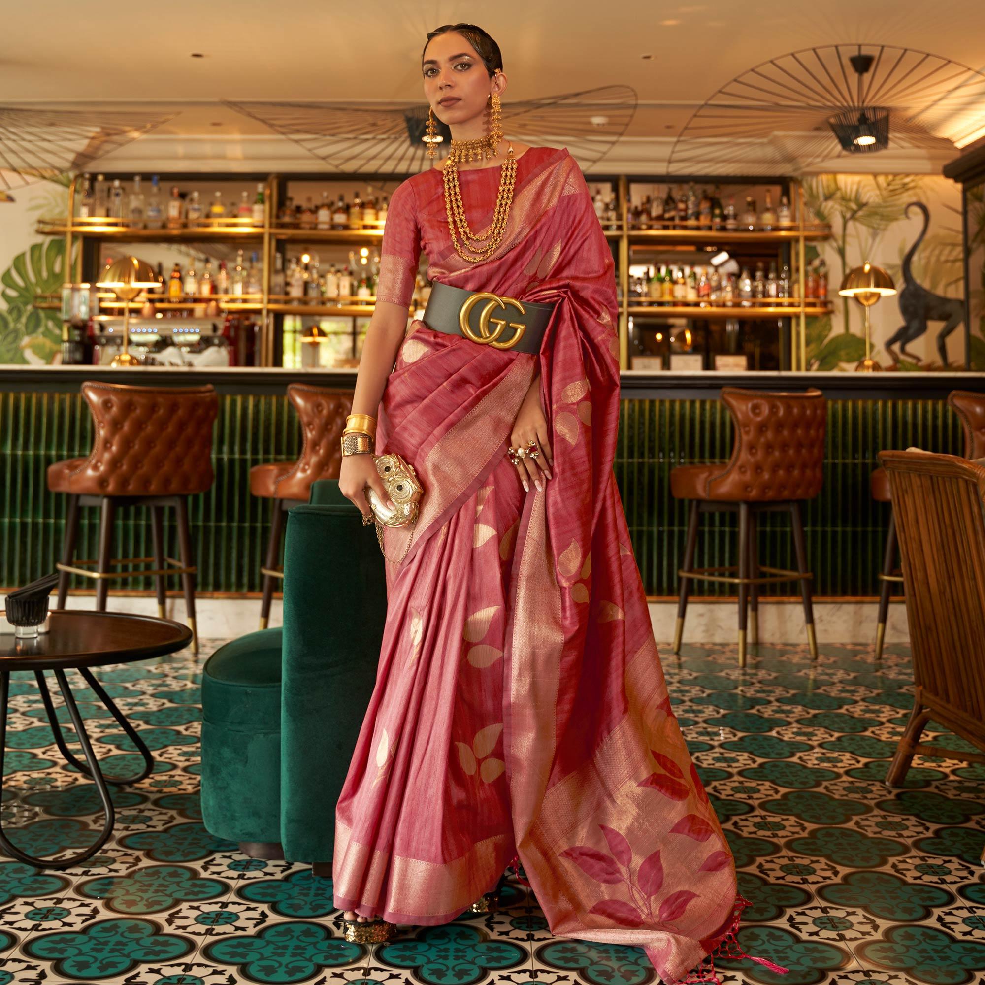 Pink Woven Art Silk Saree With Tassels - Peachmode