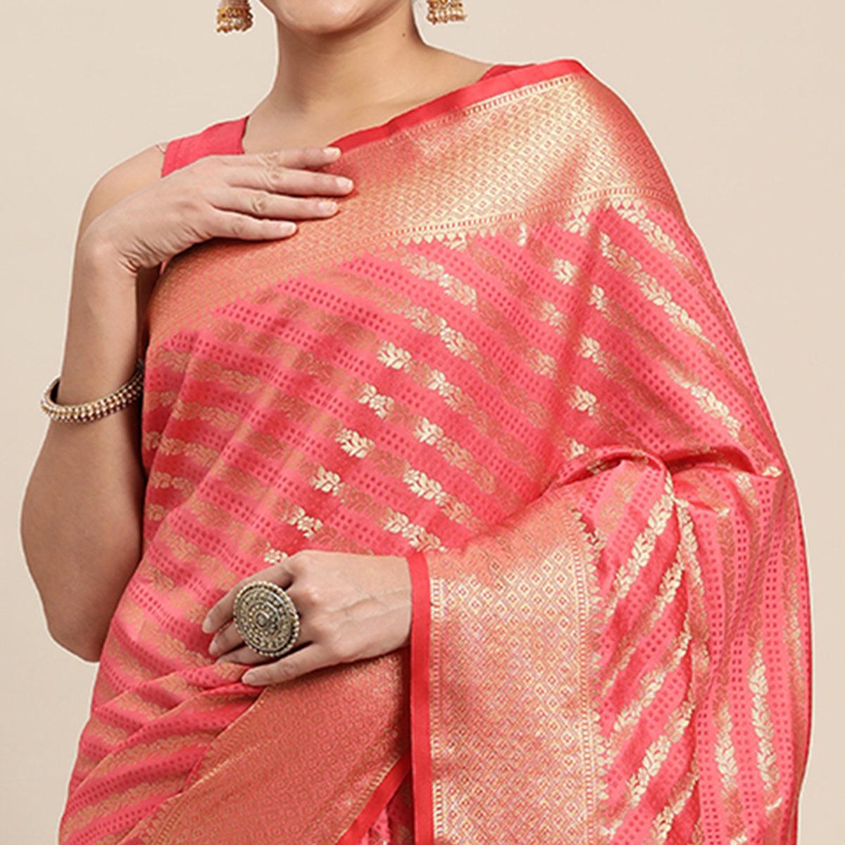 Pink Woven Art Silk Saree with Tassels - Peachmode