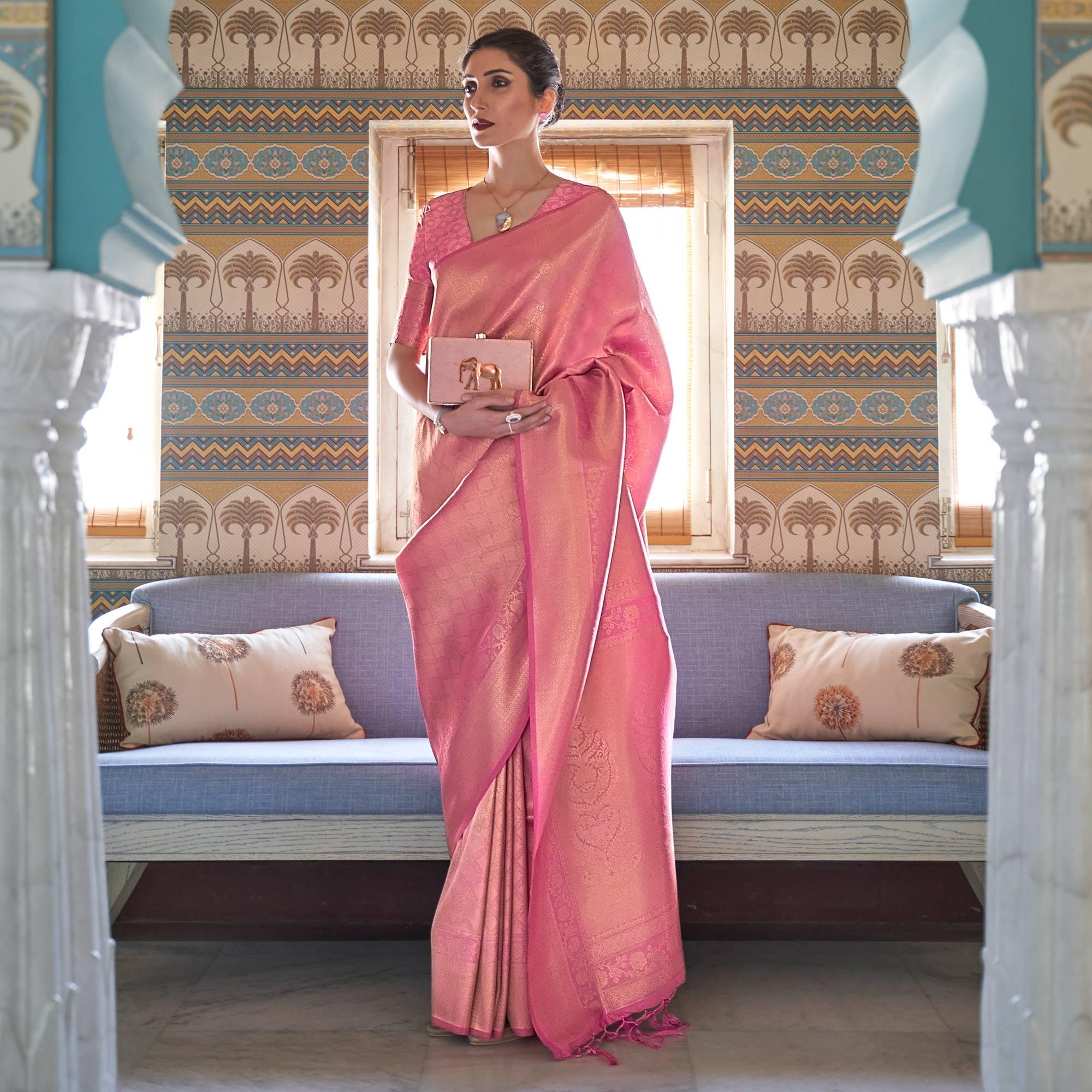 Pink Woven Art Silk Saree With Tassels - Peachmode