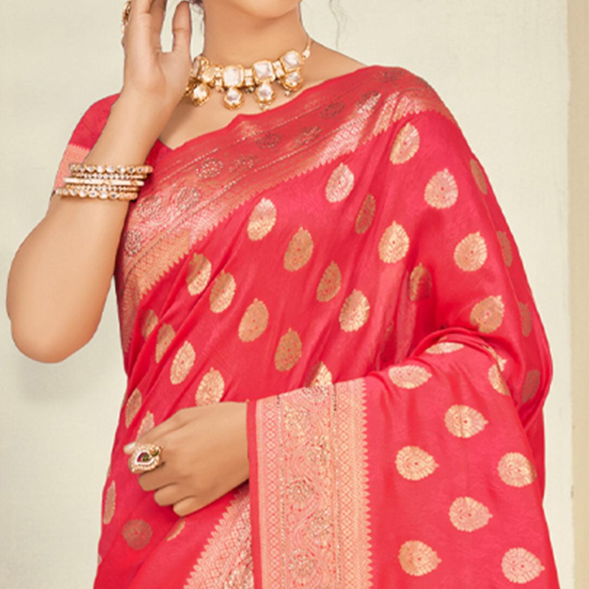 Pink Woven Art Silk Saree With Tassels - Peachmode