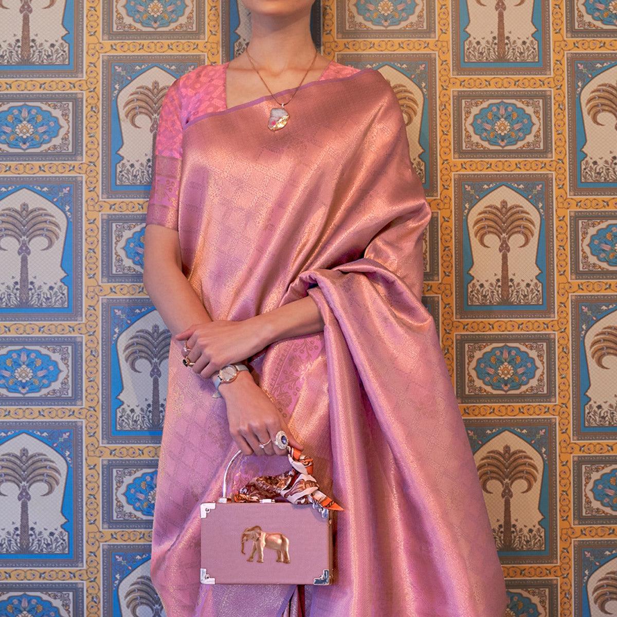 Pink Woven Art Silk Saree With Tassels - Peachmode