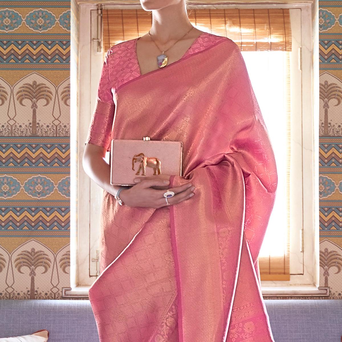 Pink Woven Art Silk Saree With Tassels - Peachmode