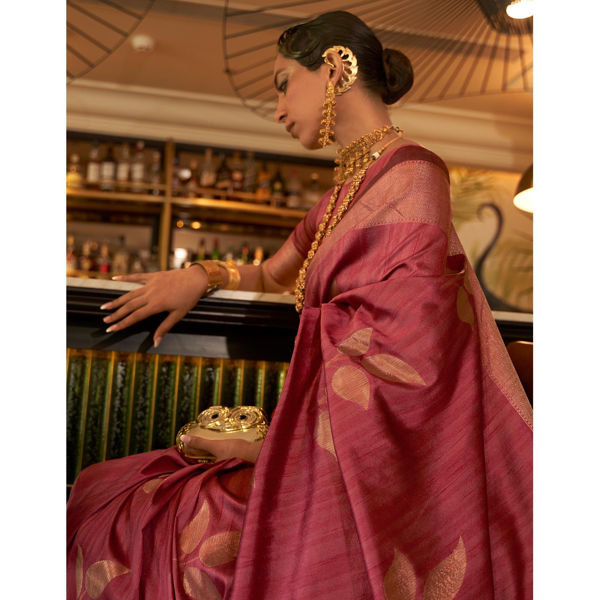 Pink Woven Art Silk Saree With Tassels - Peachmode