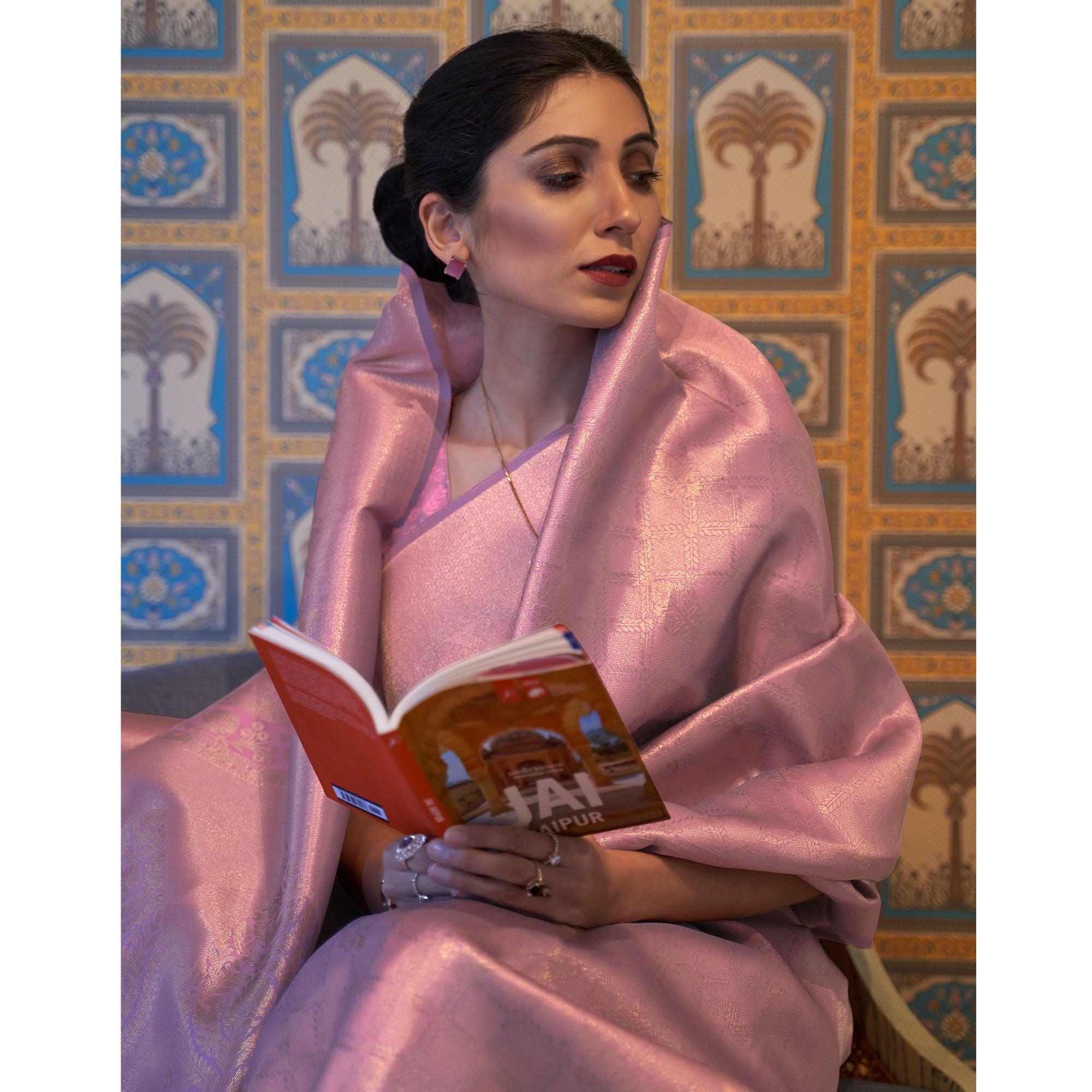 Pink Woven Art Silk Saree With Tassels - Peachmode
