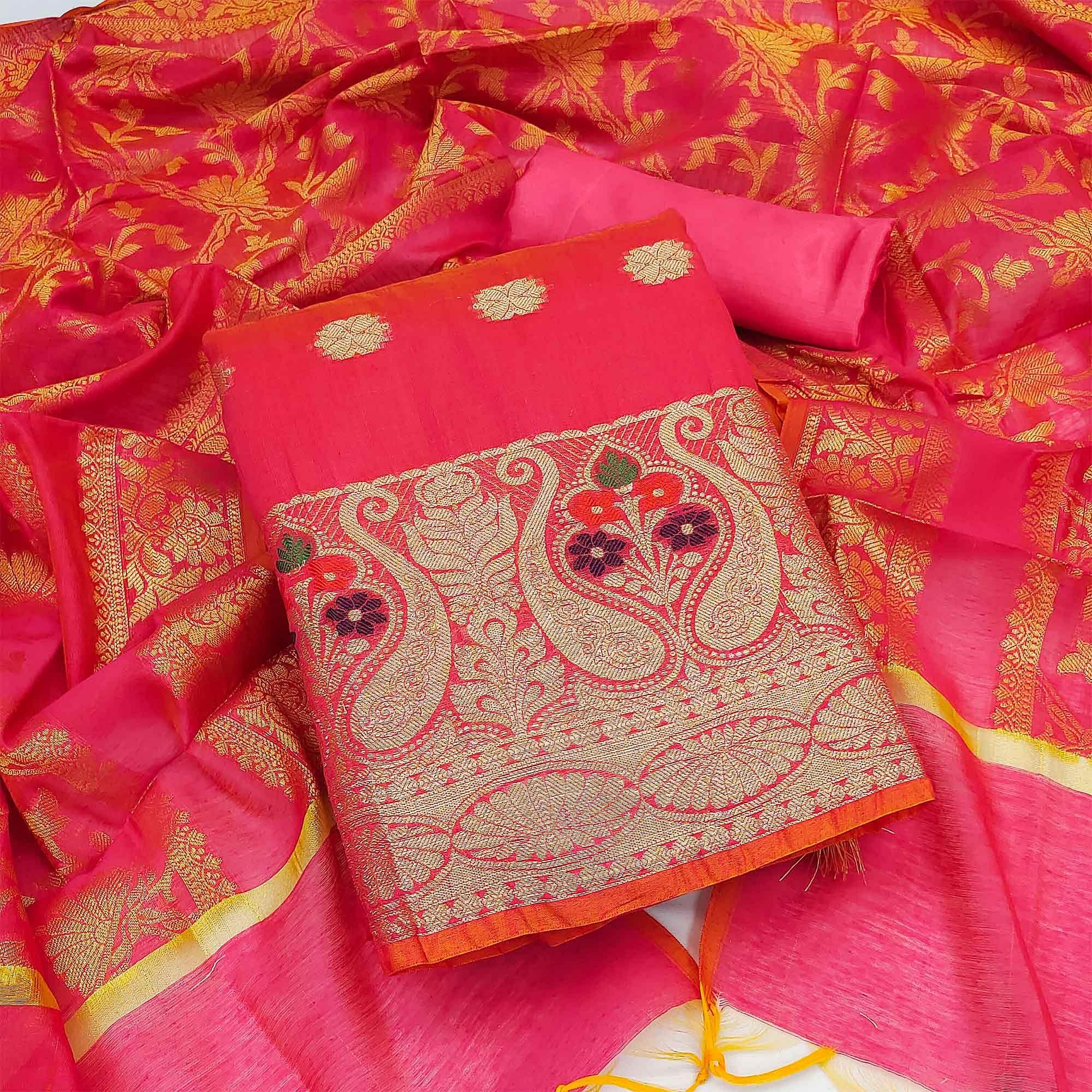 Pink Woven Banarasi Dress Material - Peachmode