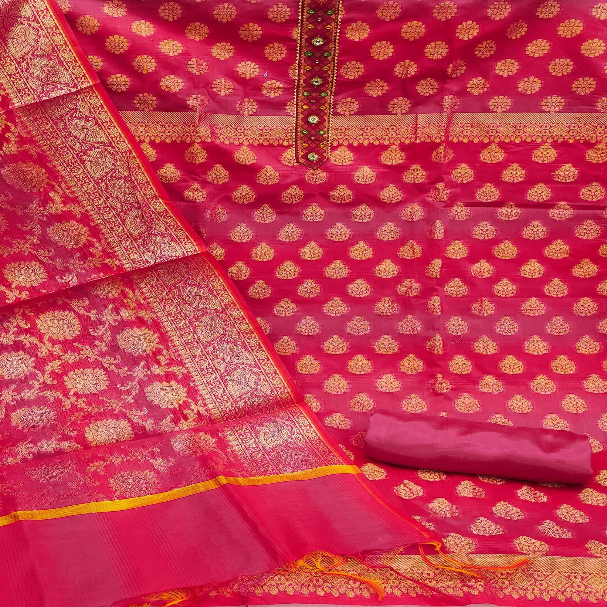 Pink Woven Banarasi Dress Material - Peachmode