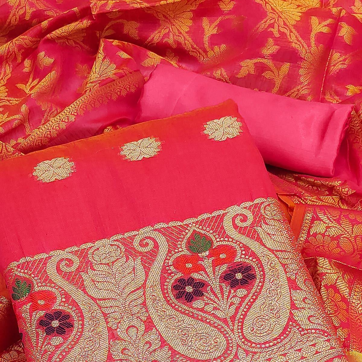Pink Woven Banarasi Dress Material - Peachmode