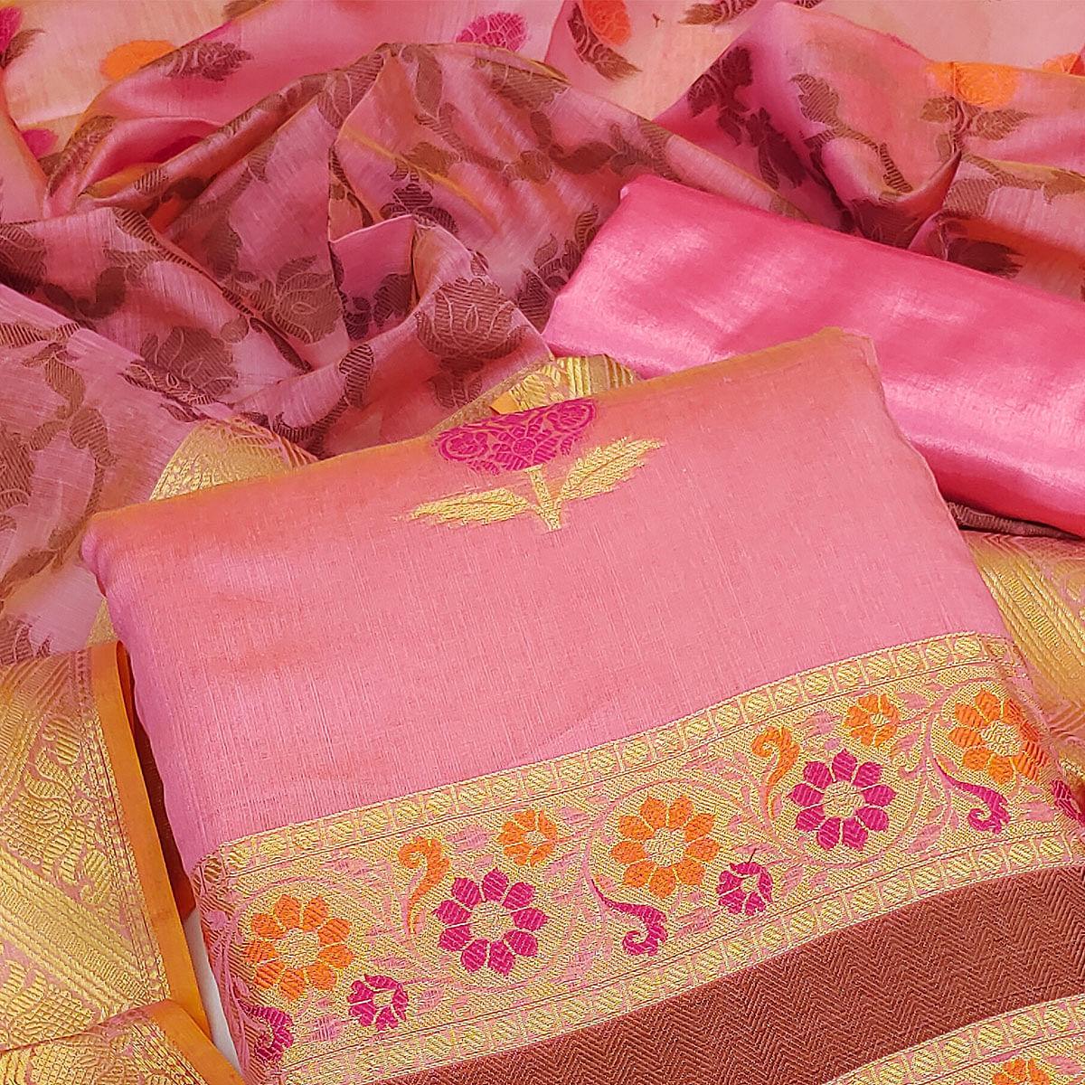 Pink Woven Banarasi Jacqaurd Dress Material - Peachmode