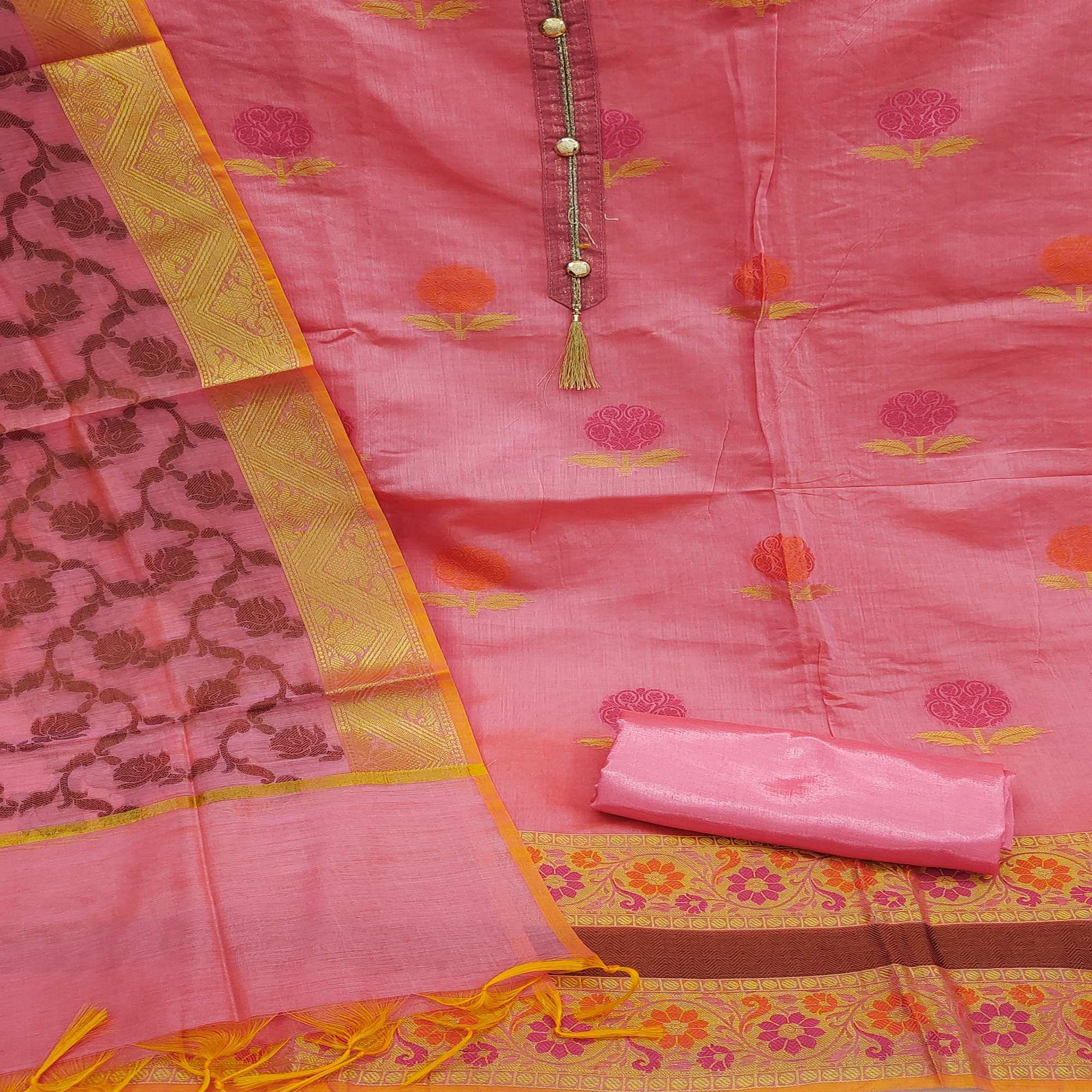 Pink Woven Banarasi Jacqaurd Dress Material - Peachmode