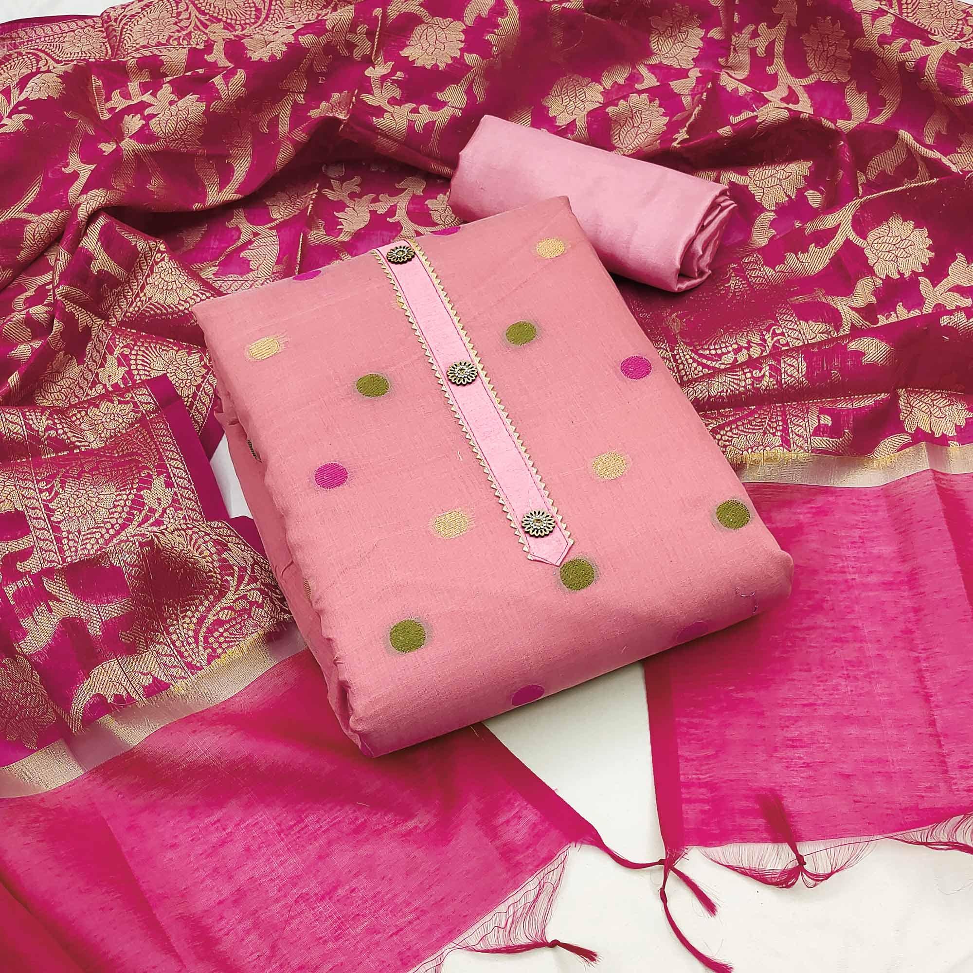 Pink Woven Banarasi Silk Dress Material - Peachmode